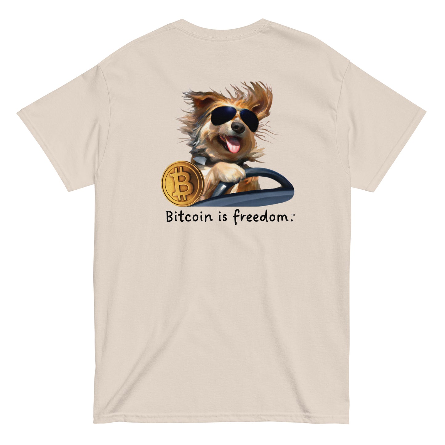 Men's natural color Bitcoin t-shirt with a Happy Dog Driving graphic and the ‘Bitcoin is freedom’ slogan printed on the back side of the shirt.