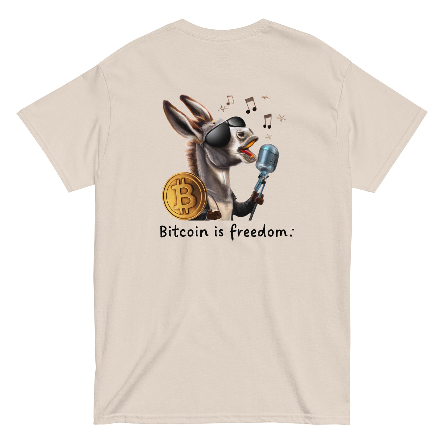 Men's natural color Bitcoin t-shirt with a Happy Donkey graphic and the ‘Bitcoin is freedom’ slogan printed on the back side of the shirt.