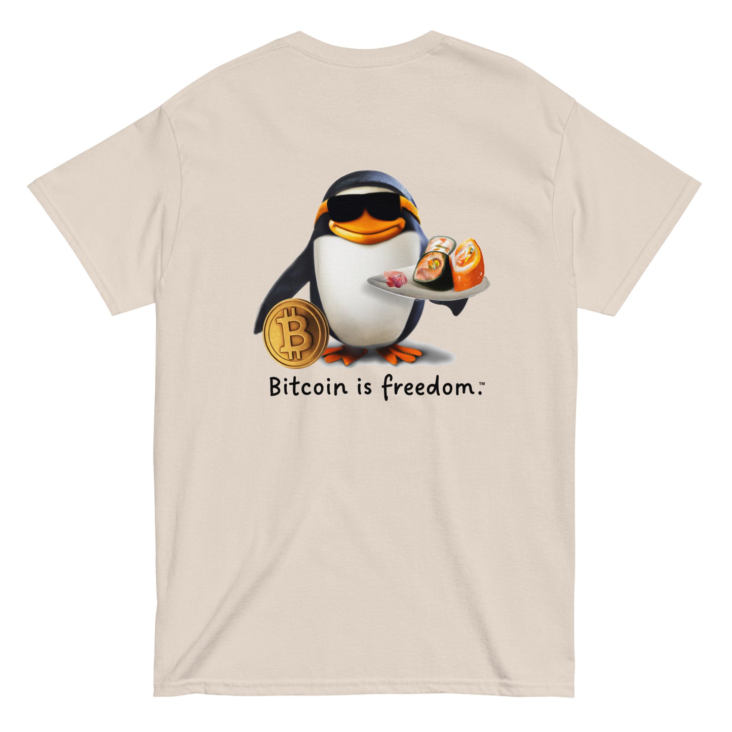 Men's natural color Bitcoin t-shirt with a Happy Penguin graphic and the ‘Bitcoin is freedom’ slogan printed on the back side of the shirt.