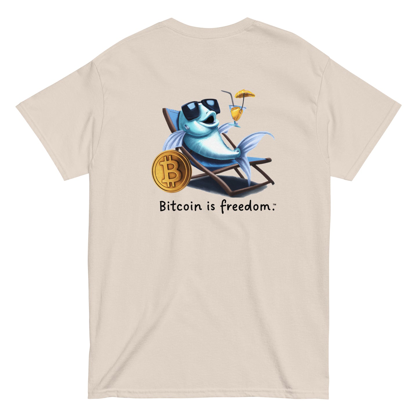 Men's natural color Bitcoin t-shirt with a Happy Fish graphic and the ‘Bitcoin is freedom’ slogan printed on the back side of the shirt.