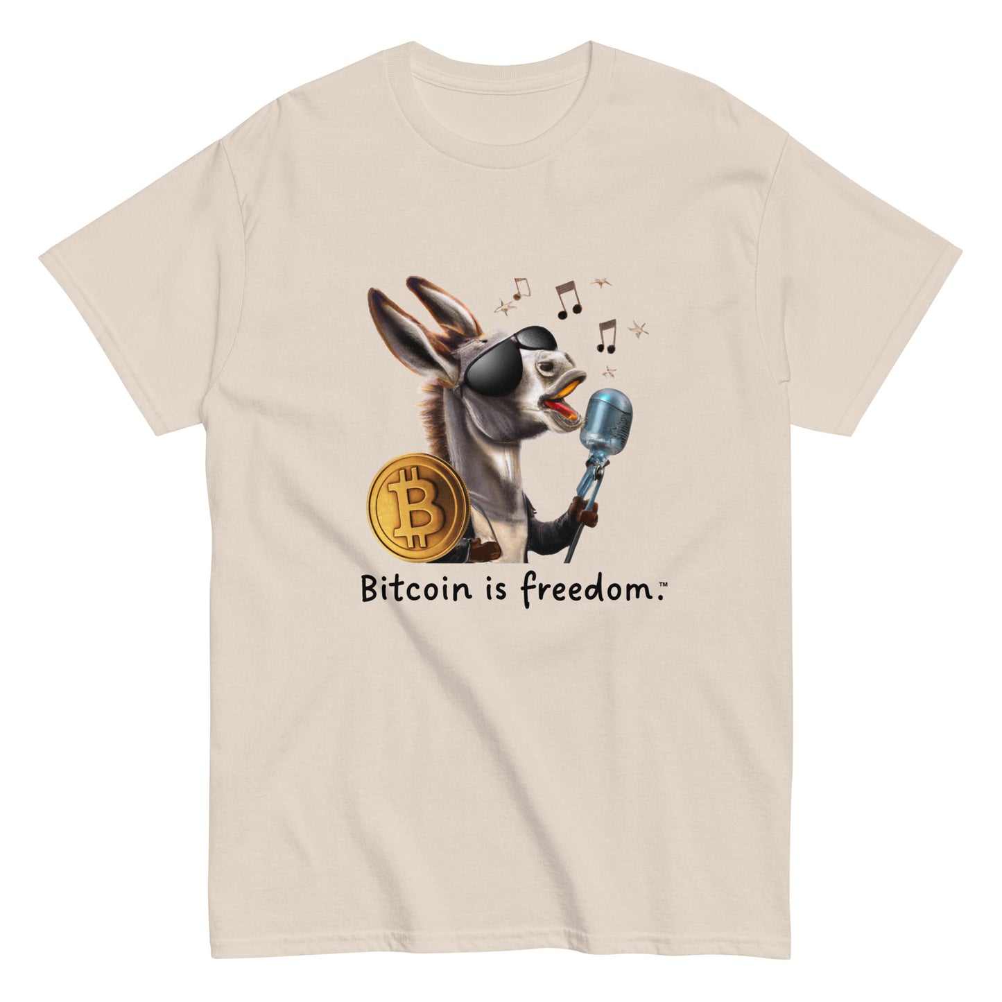 Men's natural color Bitcoin t-shirt with a Happy Donkey graphic and the ‘Bitcoin is freedom’ slogan printed on the front side of the shirt.