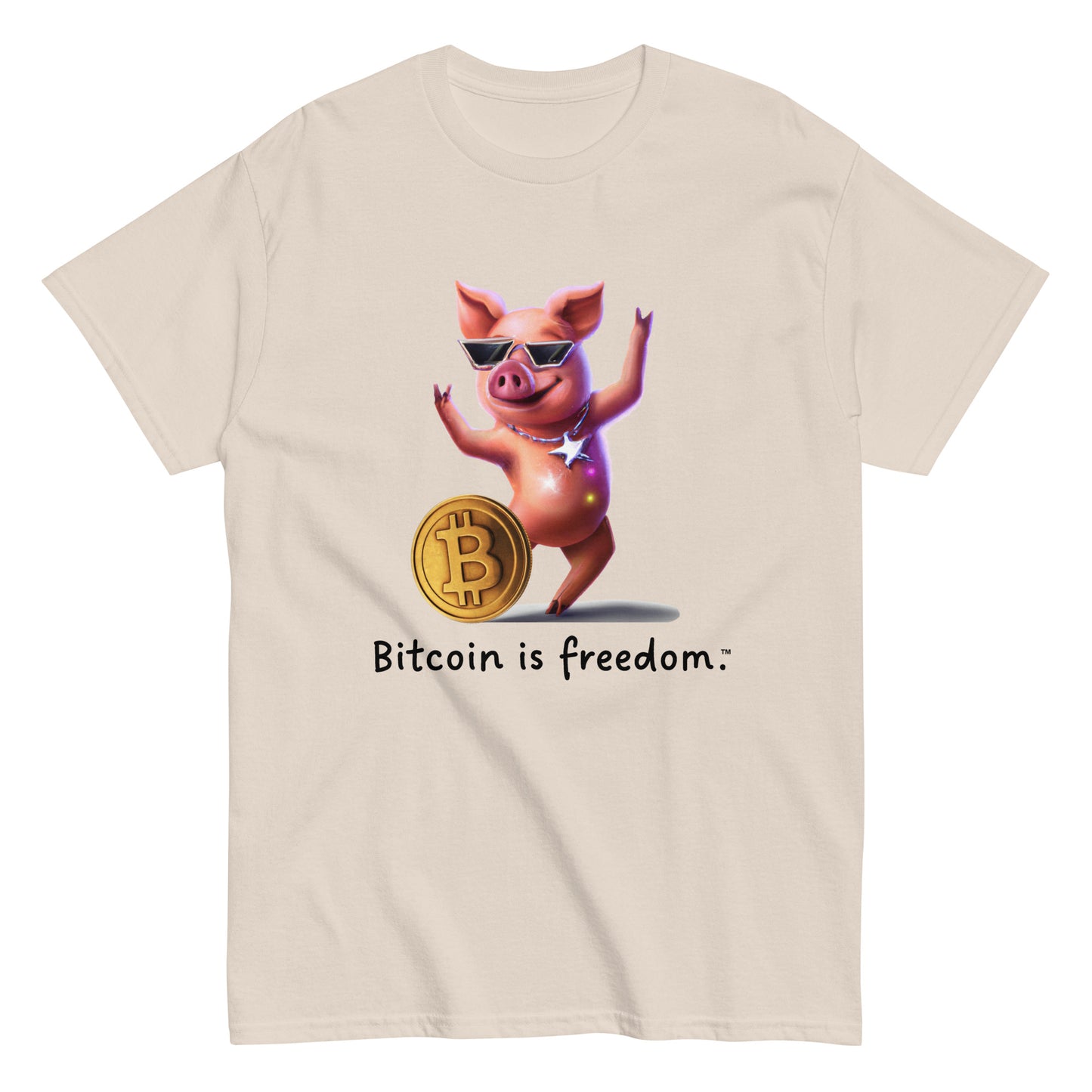 Men's natural color Bitcoin t-shirt with a Happy Pig graphic and the ‘Bitcoin is freedom’ slogan printed on the front side of the shirt.