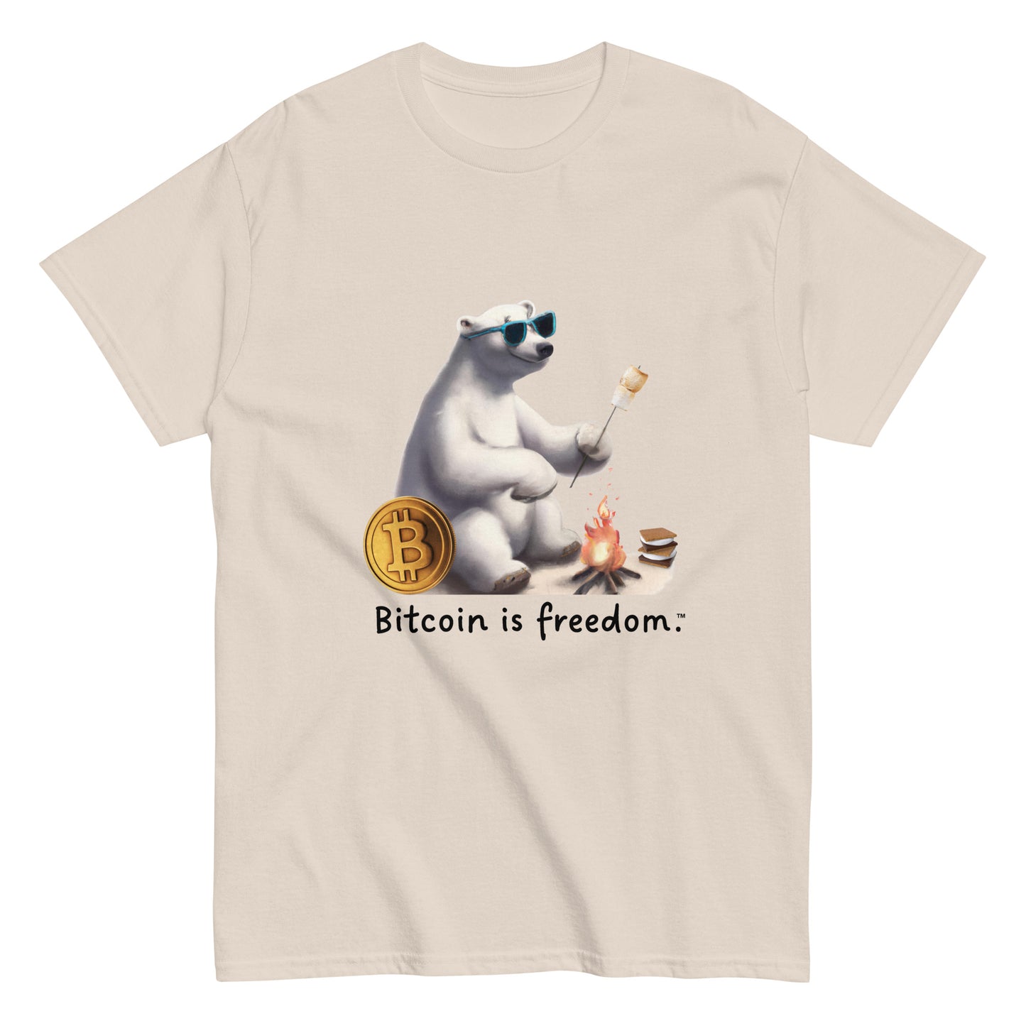Men's natural color Bitcoin t-shirt with a Happy Polar Bear graphic and the ‘Bitcoin is freedom’ slogan printed on the front side of the shirt.