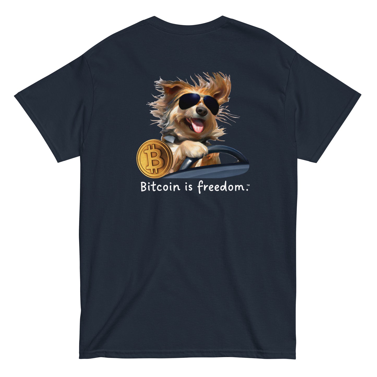 Men's navy blue color Bitcoin t-shirt with a Happy Dog Driving graphic and the ‘Bitcoin is freedom’ slogan printed on the back side of the shirt.