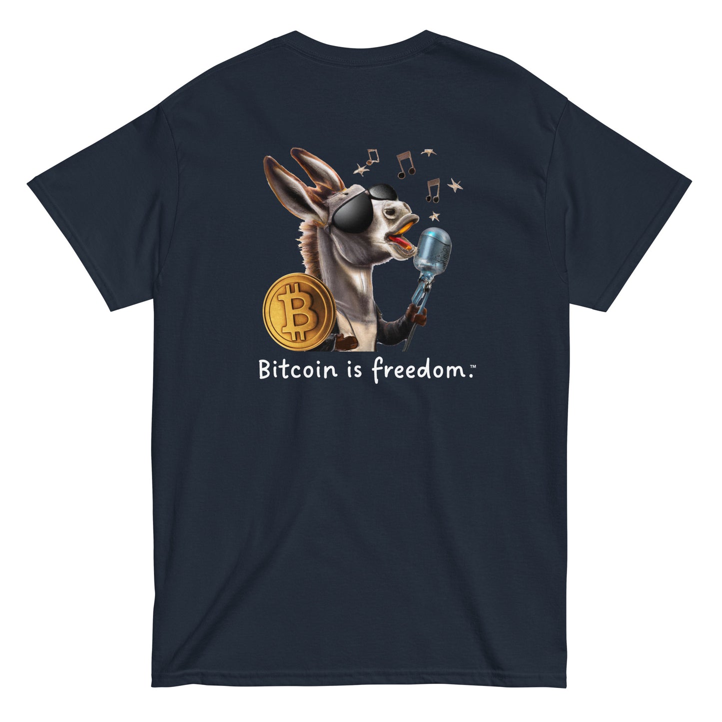 Men's navy blue color Bitcoin t-shirt with a Happy Donkey graphic and the ‘Bitcoin is freedom’ slogan printed on the back side of the shirt.