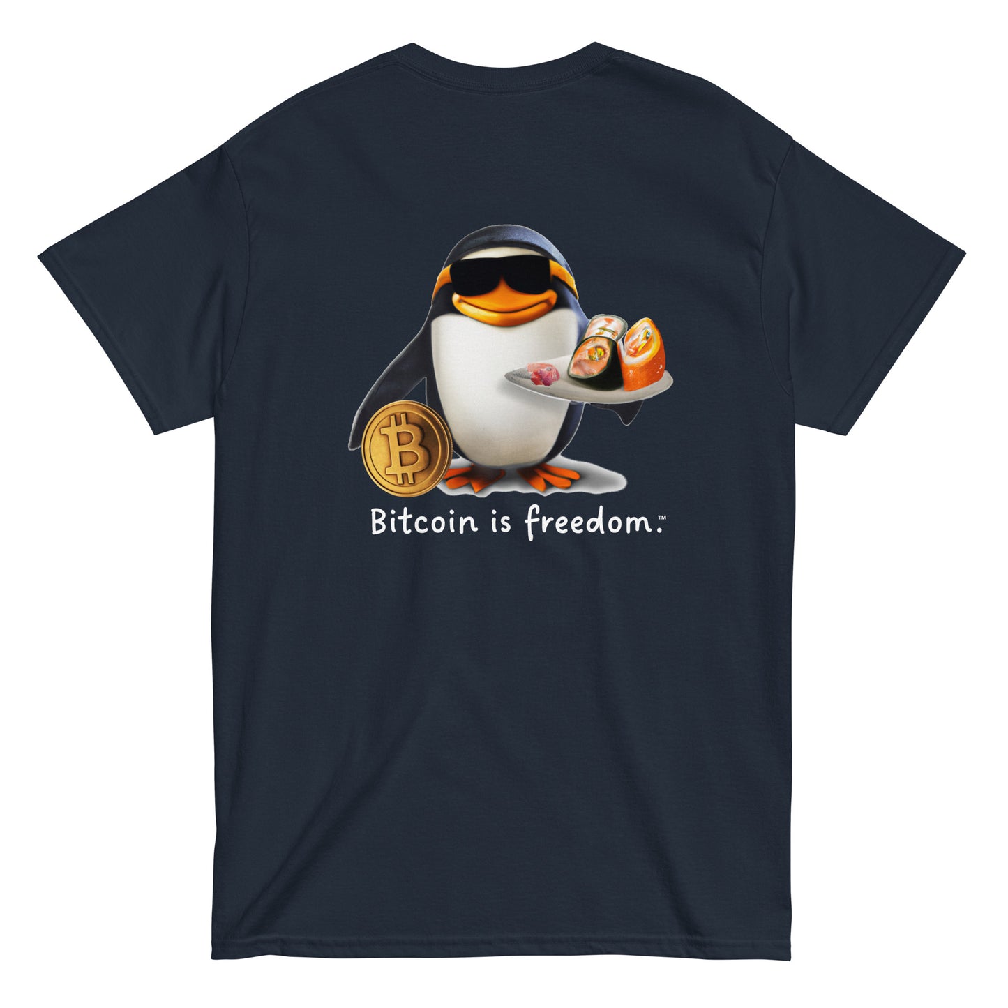 Men's navy blue color Bitcoin t-shirt with a Happy Penguin graphic and the ‘Bitcoin is freedom’ slogan printed on the back side of the shirt.
