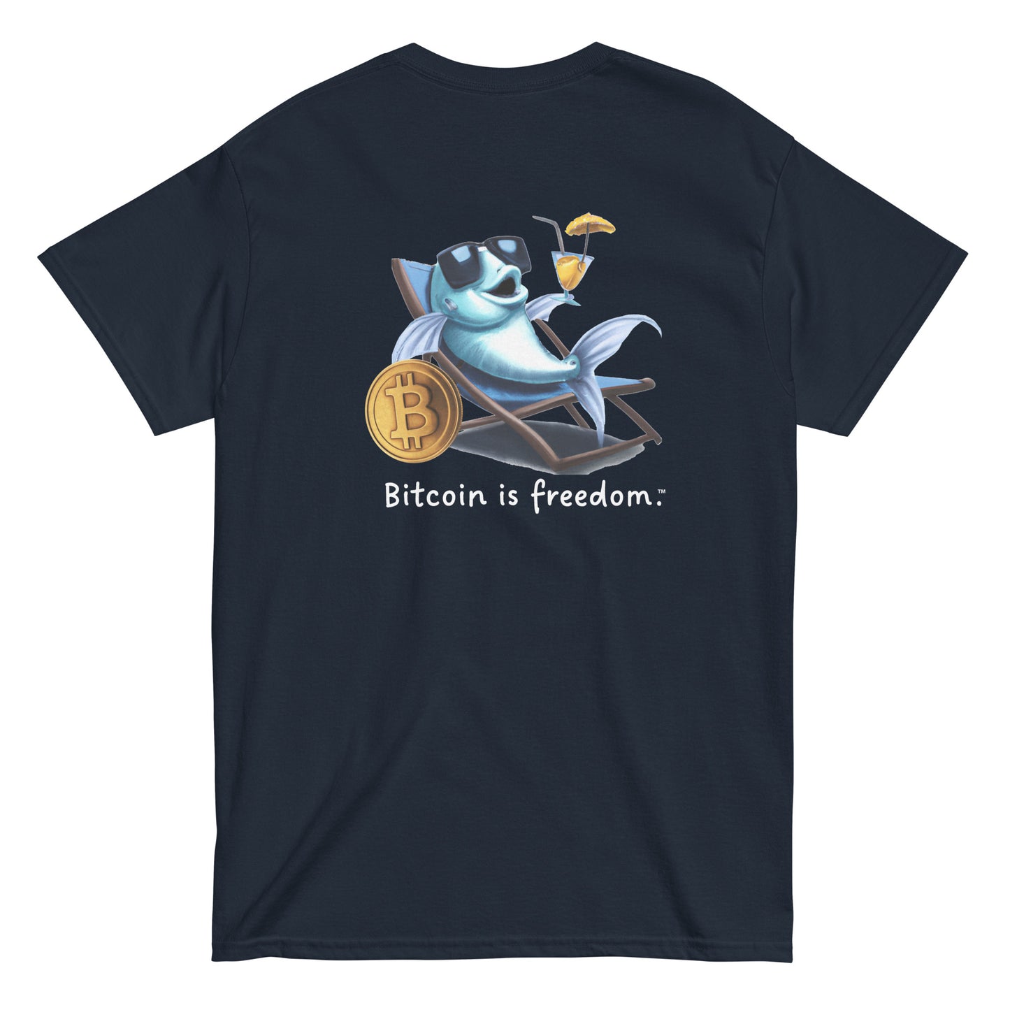 Men's navy blue color Bitcoin t-shirt with a Happy Fish graphic and the ‘Bitcoin is freedom’ slogan printed on the back side of the shirt.