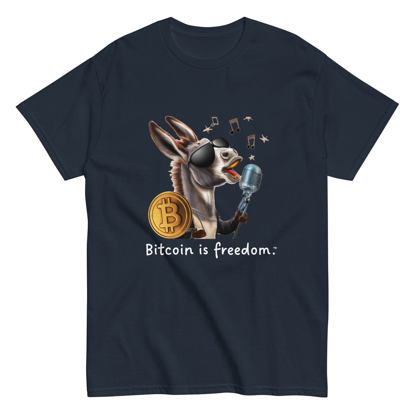 Men's navy blue color Bitcoin t-shirt with a Happy Donkey graphic and the ‘Bitcoin is freedom’ slogan printed on the front side of the shirt.