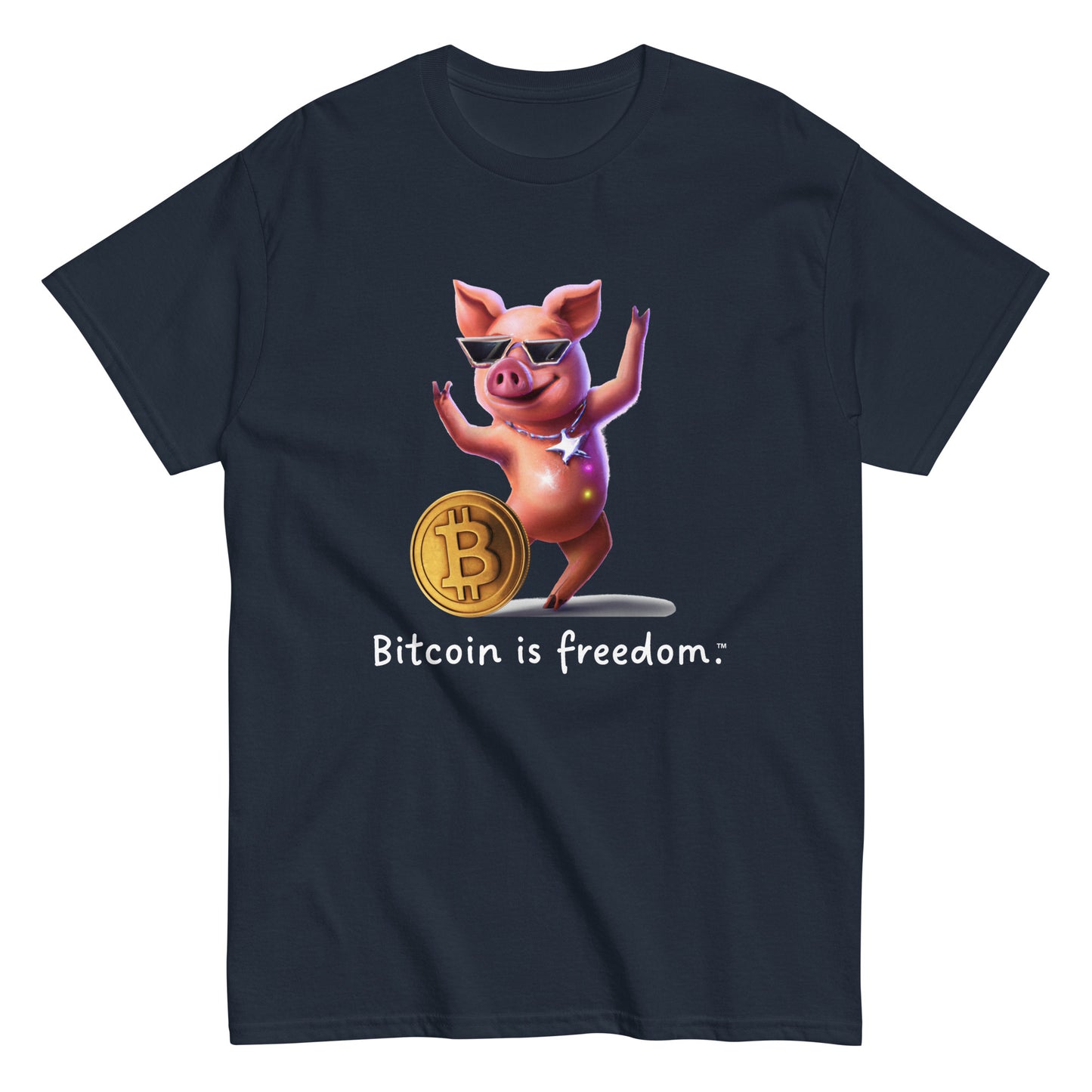 Men's navy blue color Bitcoin t-shirt with a Happy Pig graphic and the ‘Bitcoin is freedom’ slogan printed on the front side of the shirt.