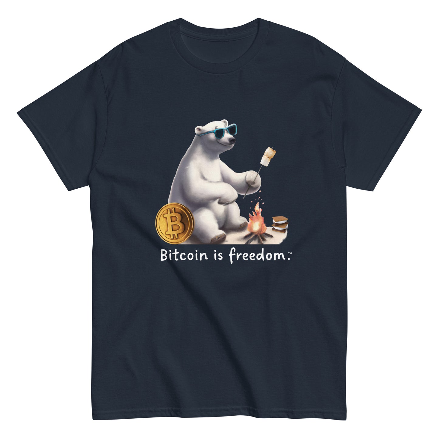 Men's navy blue color Bitcoin t-shirt with a Happy Polar Bear graphic and the ‘Bitcoin is freedom’ slogan printed on the front side of the shirt.