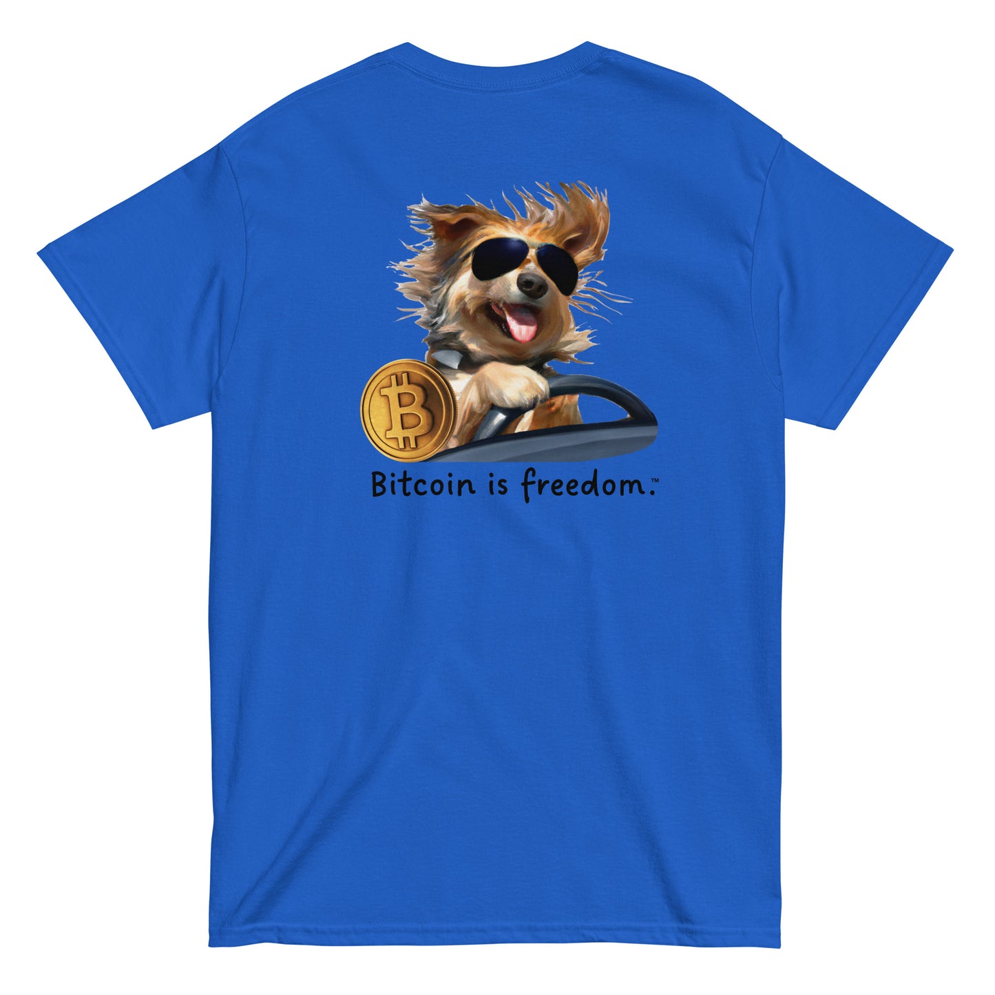 Men's royal blue color Bitcoin t-shirt with a Happy Dog Driving graphic and the ‘Bitcoin is freedom’ slogan printed on the back side of the shirt.