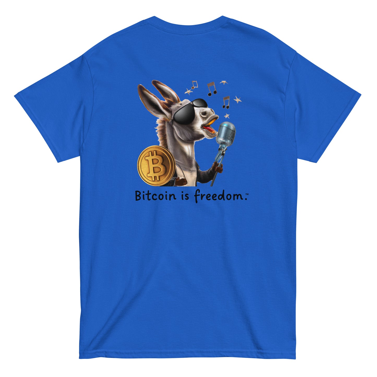 Men's royal blue color Bitcoin t-shirt with a Happy Donkey graphic and the ‘Bitcoin is freedom’ slogan printed on the back side of the shirt.