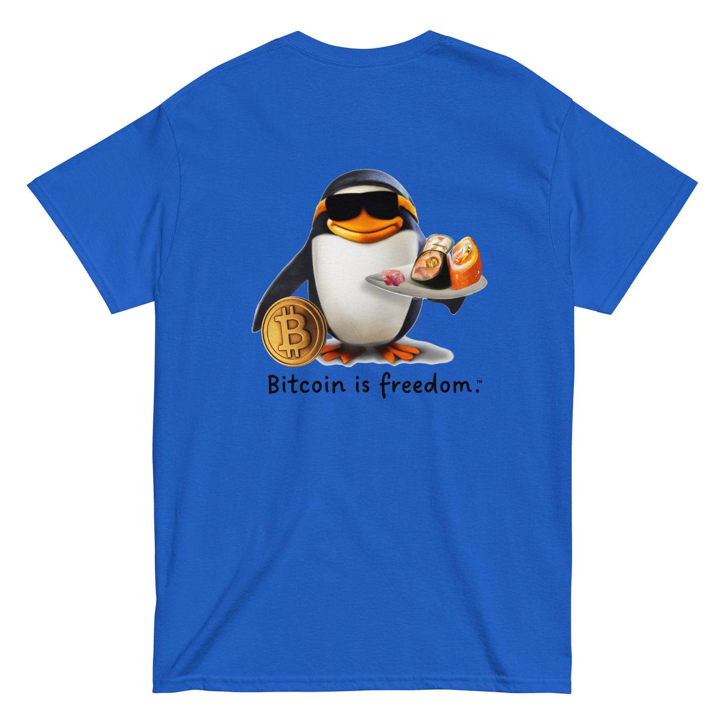 Men's royal blue color Bitcoin t-shirt with a Happy Penguin graphic and the ‘Bitcoin is freedom’ slogan printed on the back side of the shirt.