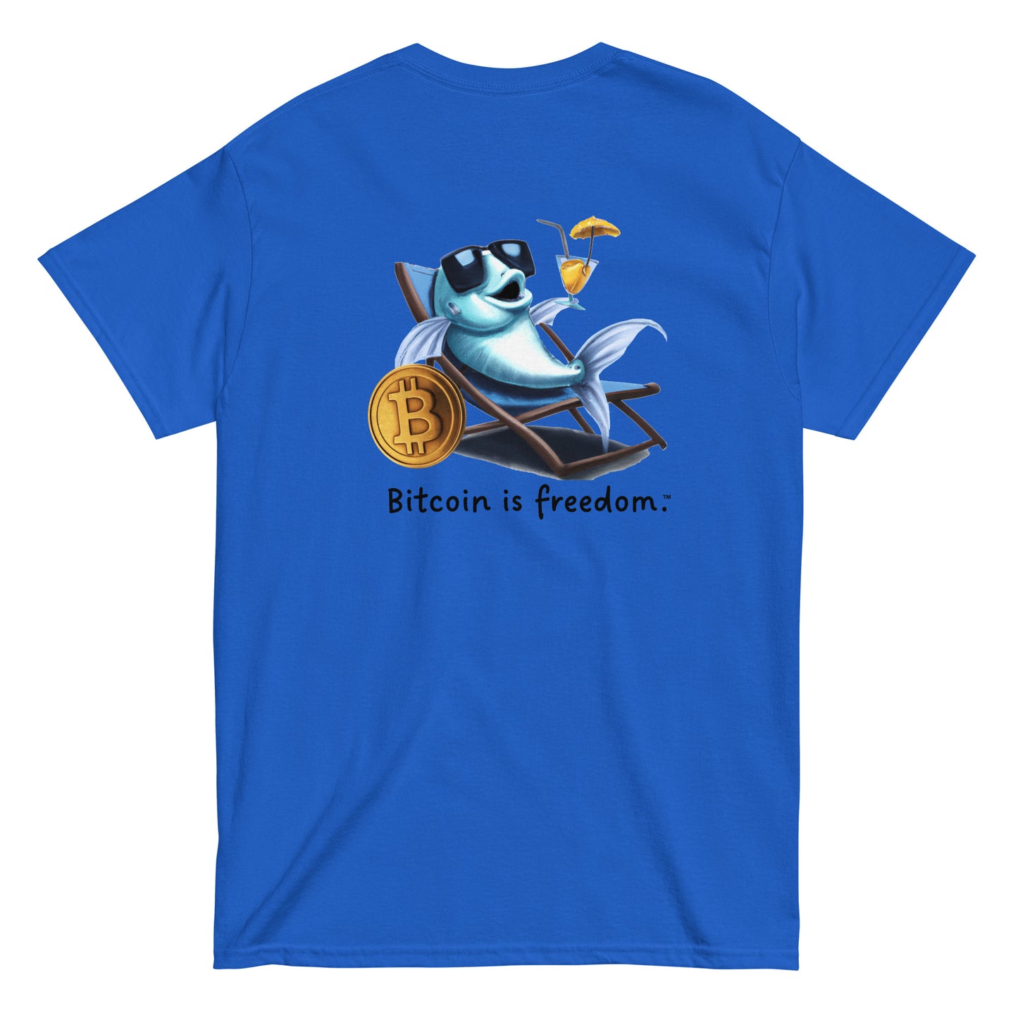 Men's royal blue color Bitcoin t-shirt with a Happy Fish graphic and the ‘Bitcoin is freedom’ slogan printed on the back side of the shirt.