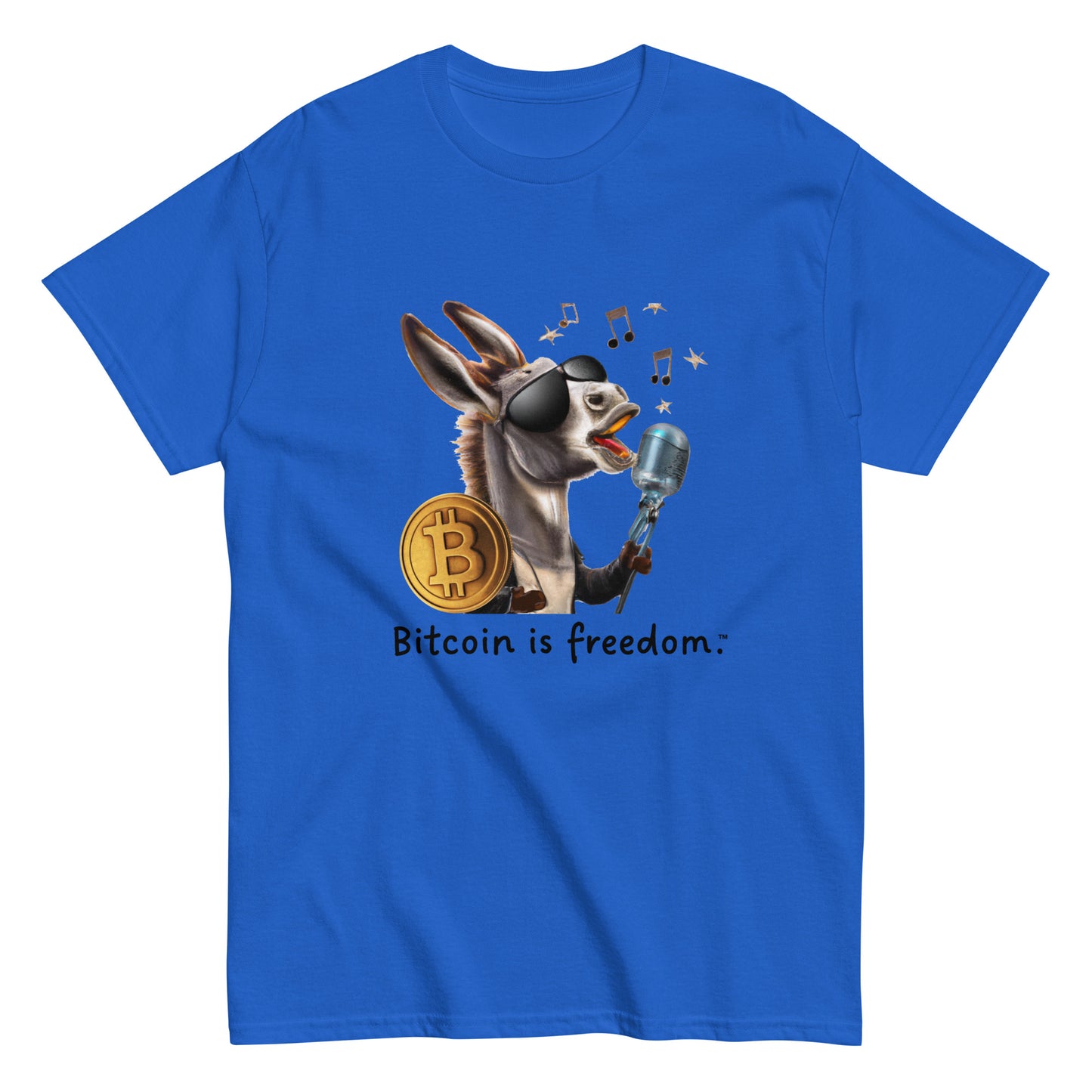 Men's royal blue color Bitcoin t-shirt with a Happy Donkey graphic and the ‘Bitcoin is freedom’ slogan printed on the front side of the shirt.