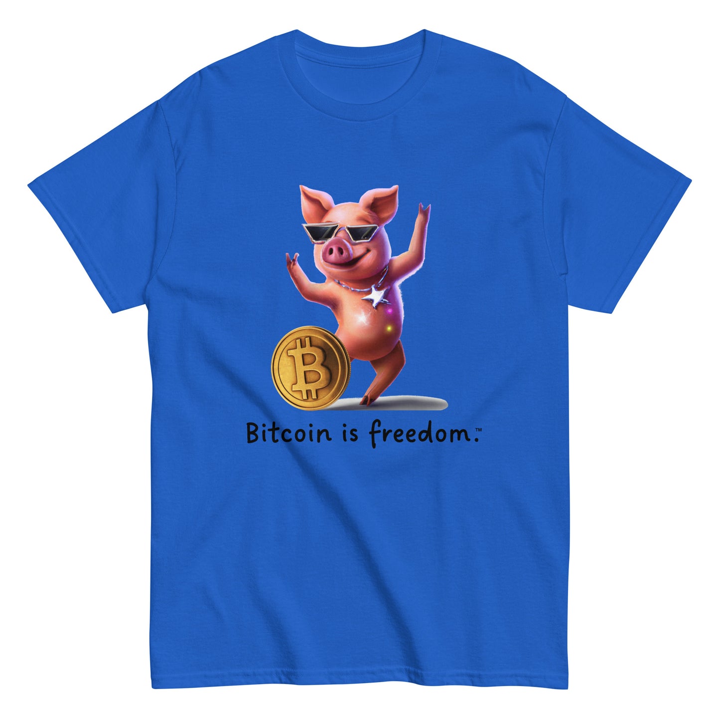Men's royal blue color Bitcoin t-shirt with a Happy Pig graphic and the ‘Bitcoin is freedom’ slogan printed on the front side of the shirt.
