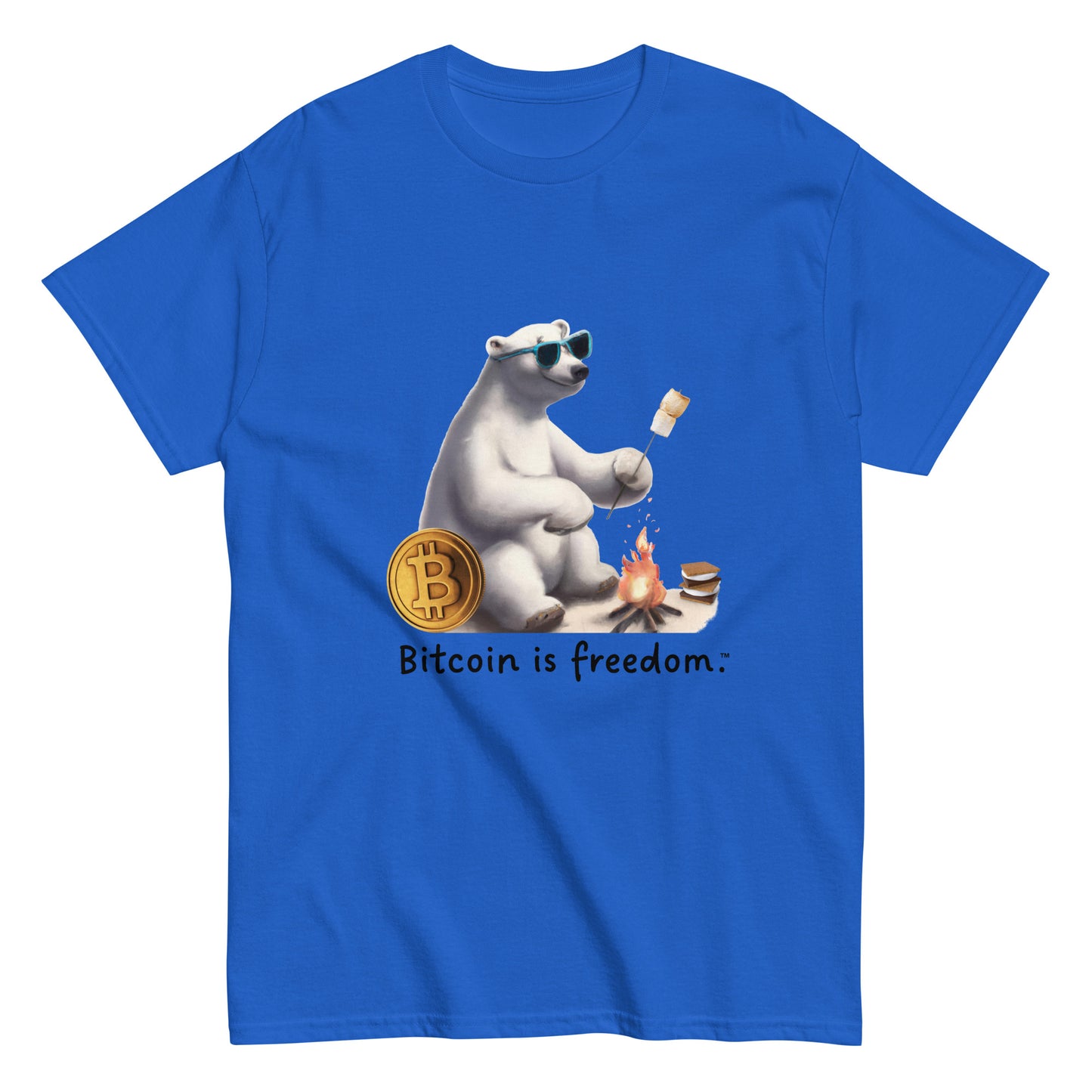 Men's royal blue color Bitcoin t-shirt with a Happy Polar Bear graphic and the ‘Bitcoin is freedom’ slogan printed on the front side of the shirt.