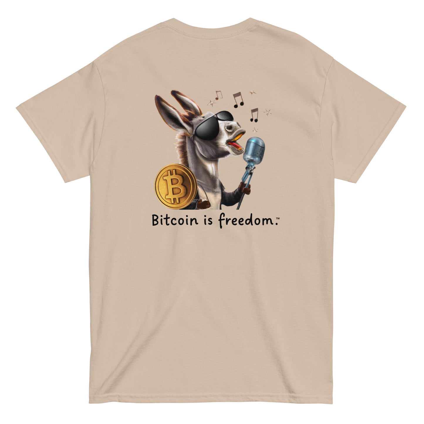 Men's sand color Bitcoin t-shirt with a Happy Donkey graphic and the ‘Bitcoin is freedom’ slogan printed on the back side of the shirt.