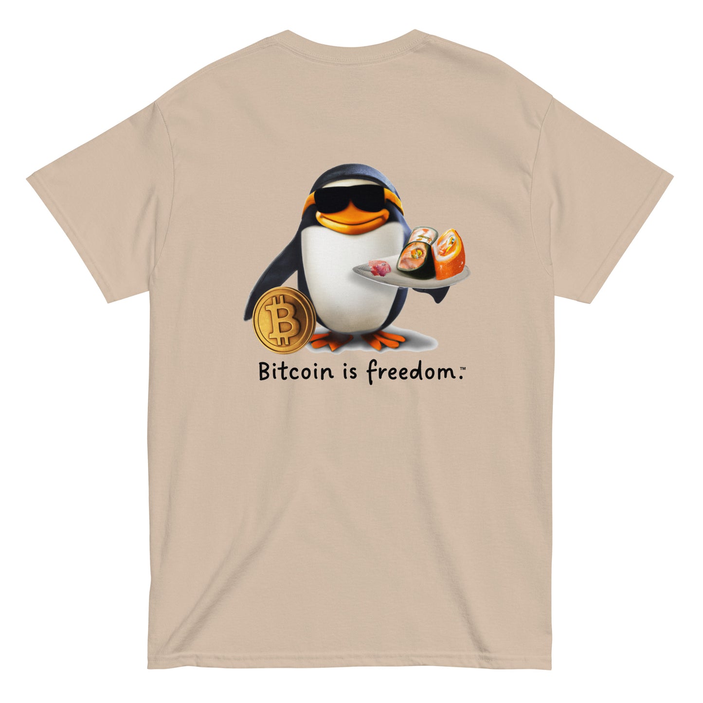 Men's sand color Bitcoin t-shirt with a Happy Penguin graphic and the ‘Bitcoin is freedom’ slogan printed on the back side of the shirt.