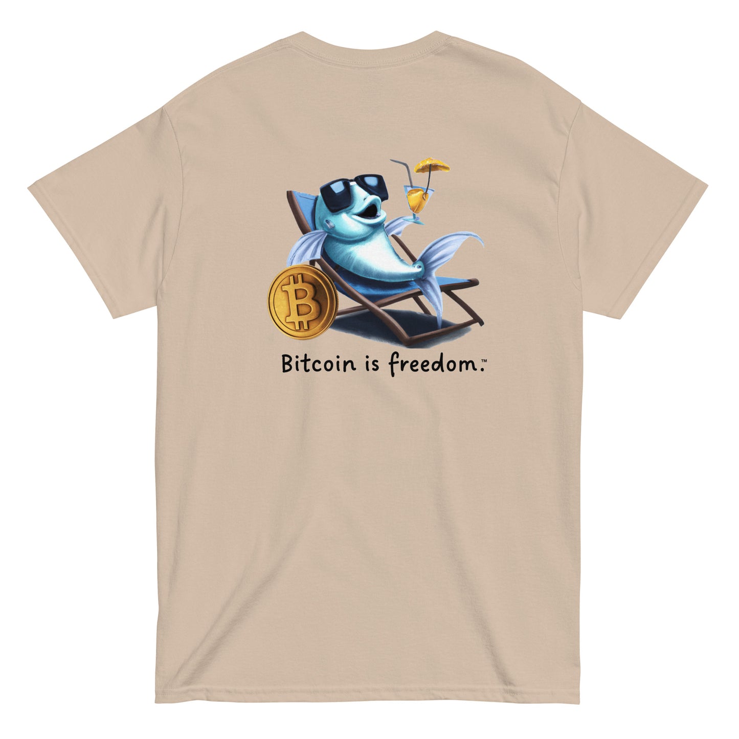 Men's sand color Bitcoin t-shirt with a Happy Fish graphic and the ‘Bitcoin is freedom’ slogan printed on the back side of the shirt.
