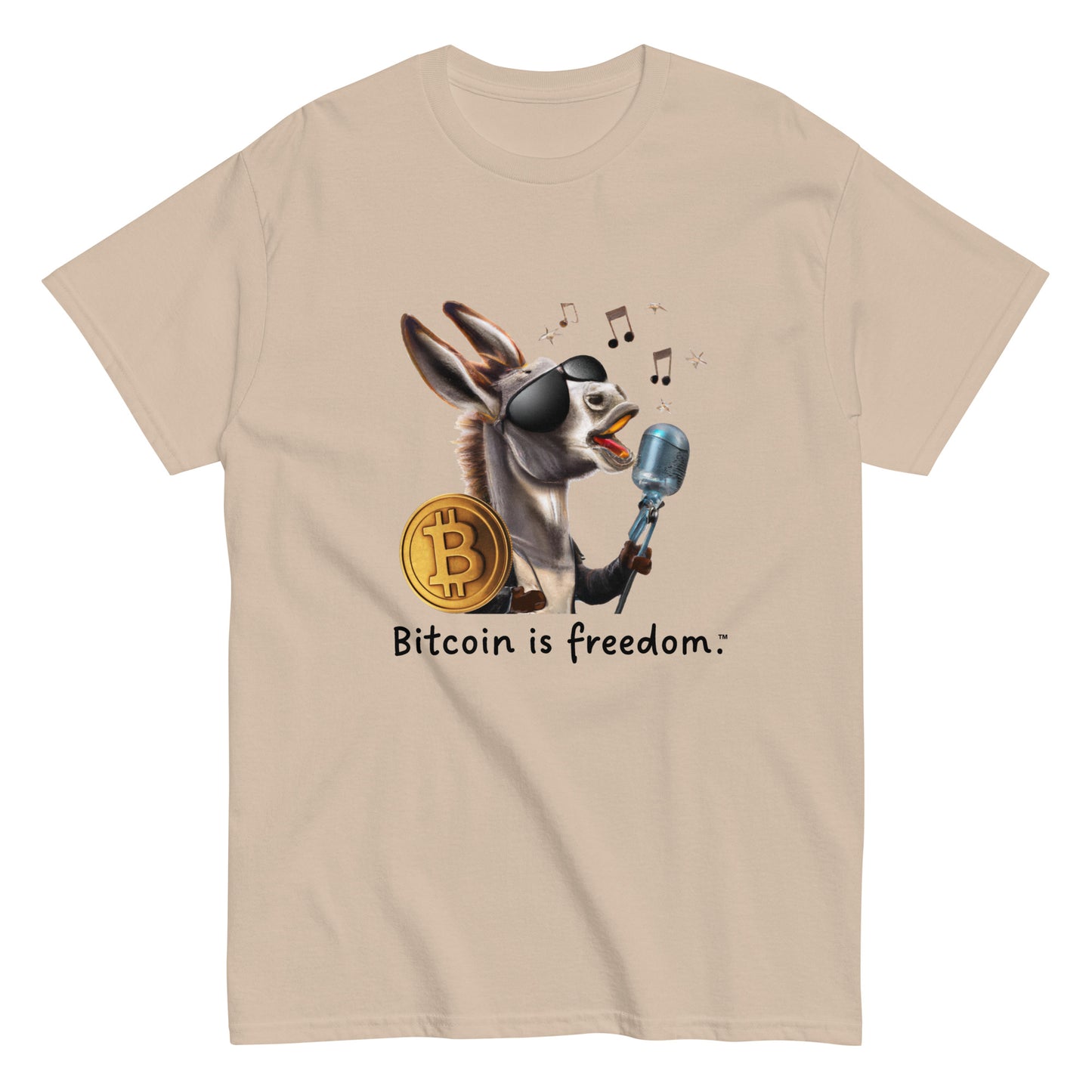 Men's sand color Bitcoin t-shirt with a Happy Donkey graphic and the ‘Bitcoin is freedom’ slogan printed on the front side of the shirt.