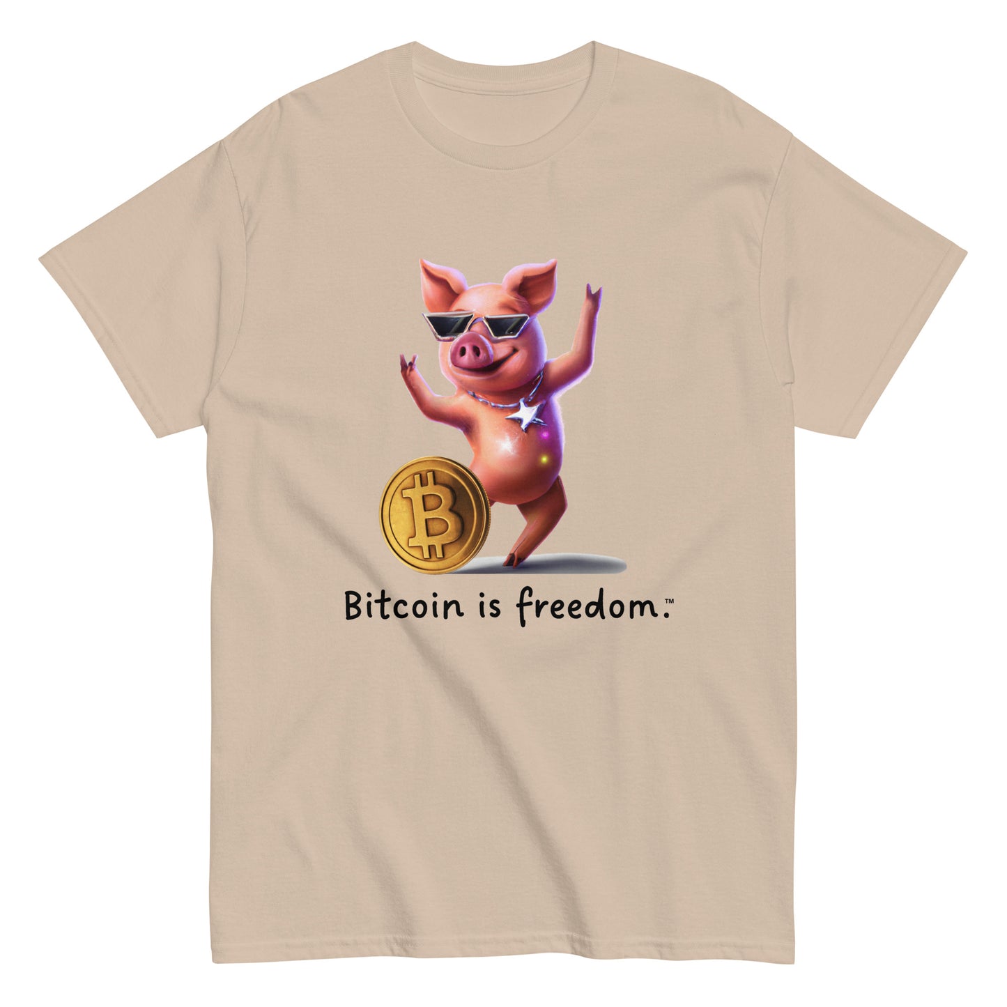 Men's sand color Bitcoin t-shirt with a Happy Pig graphic and the ‘Bitcoin is freedom’ slogan printed on the front side of the shirt.
