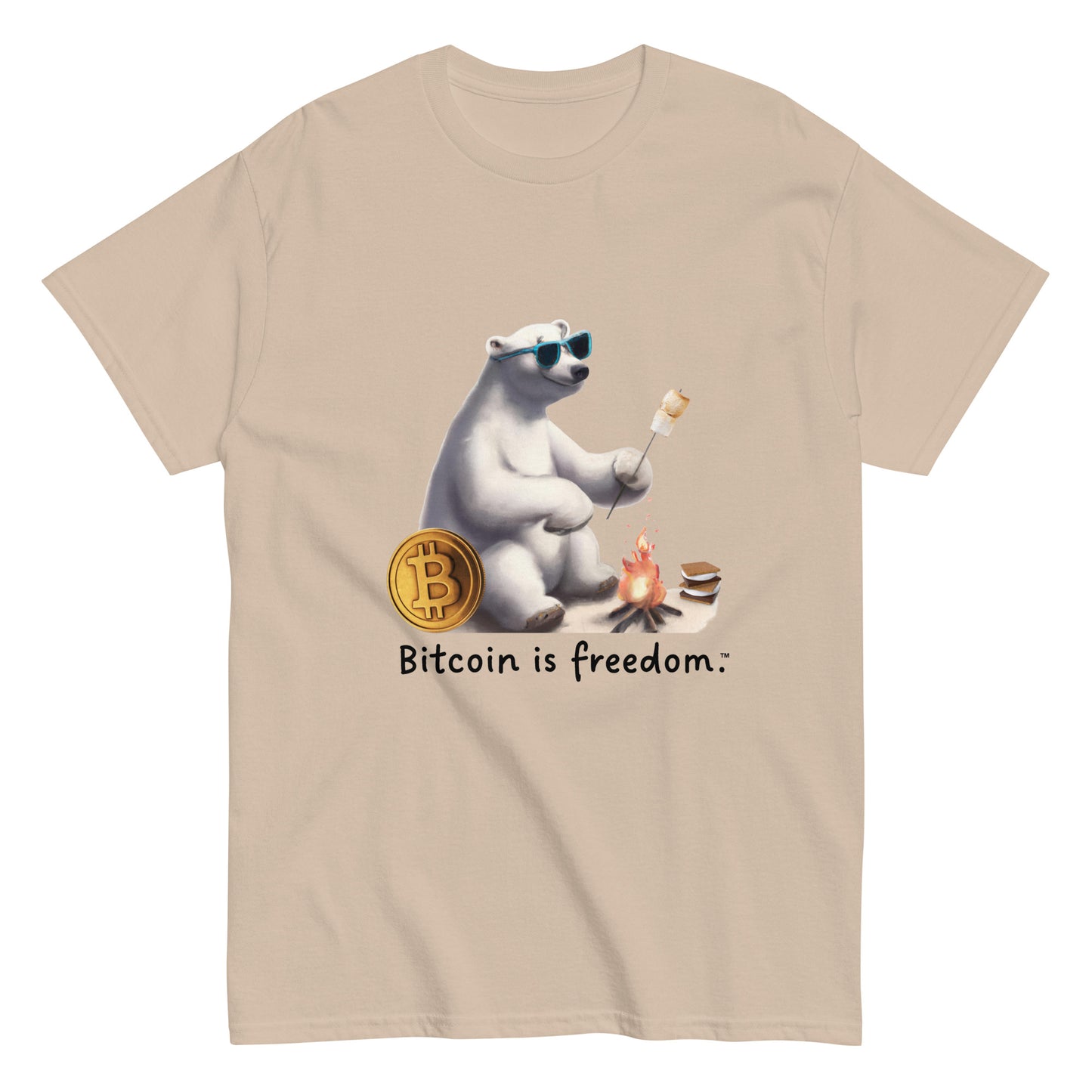 Men's sand color Bitcoin t-shirt with a Happy Polar Bear graphic and the ‘Bitcoin is freedom’ slogan printed on the front side of the shirt.