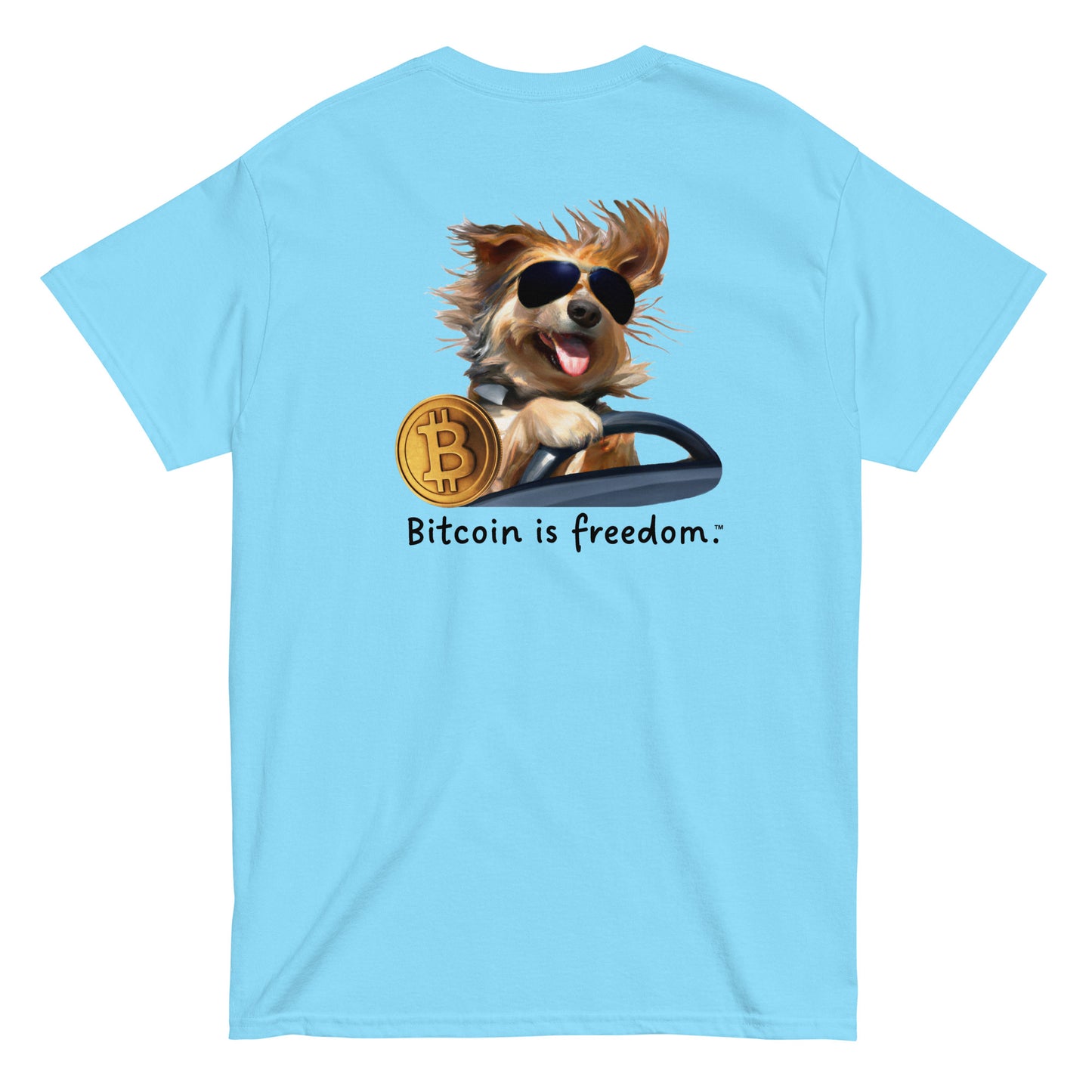 Men's sky blue color Bitcoin t-shirt with a Happy Dog Driving graphic and the ‘Bitcoin is freedom’ slogan printed on the back side of the shirt.