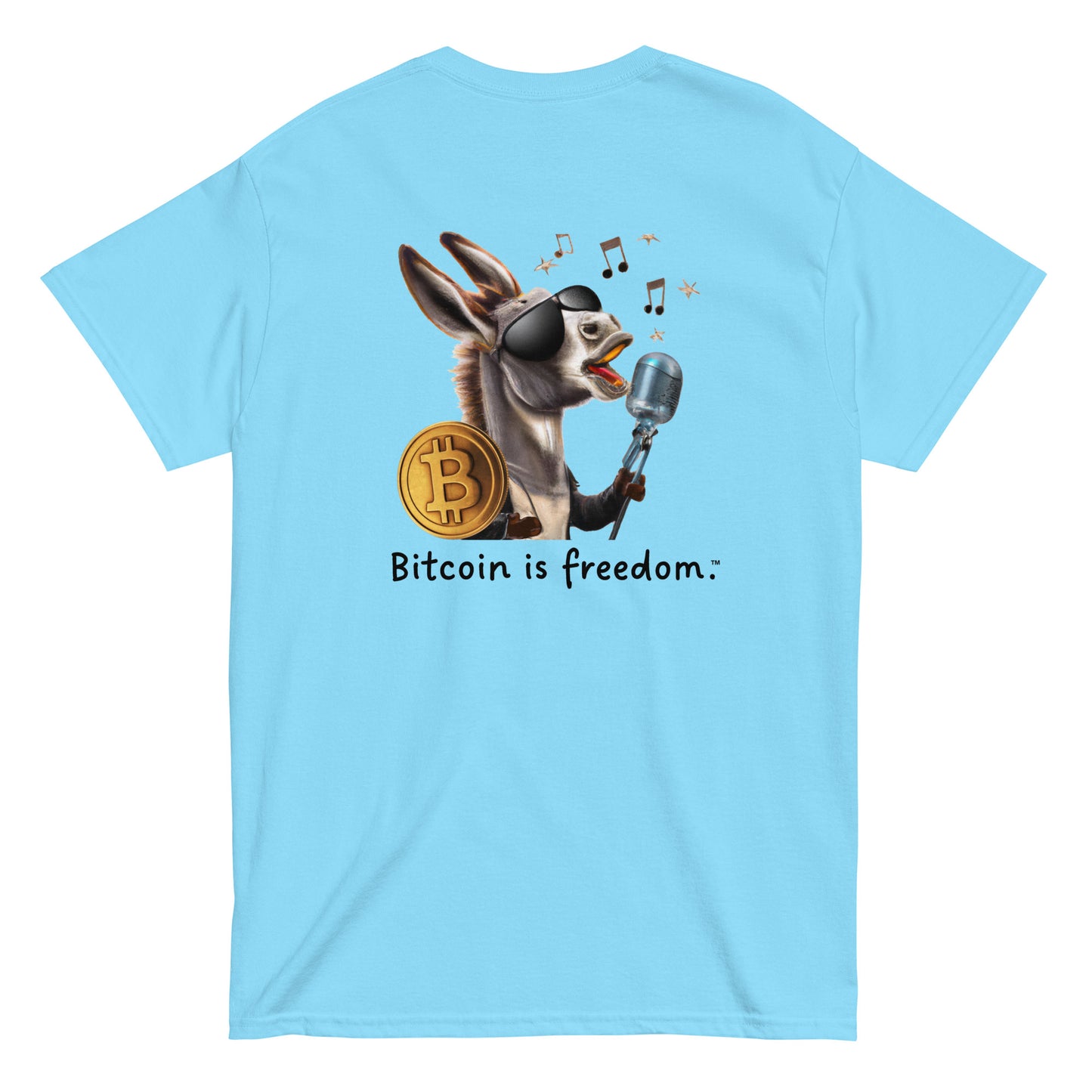 Men's sky blue color Bitcoin t-shirt with a Happy Donkey graphic and the ‘Bitcoin is freedom’ slogan printed on the back side of the shirt.