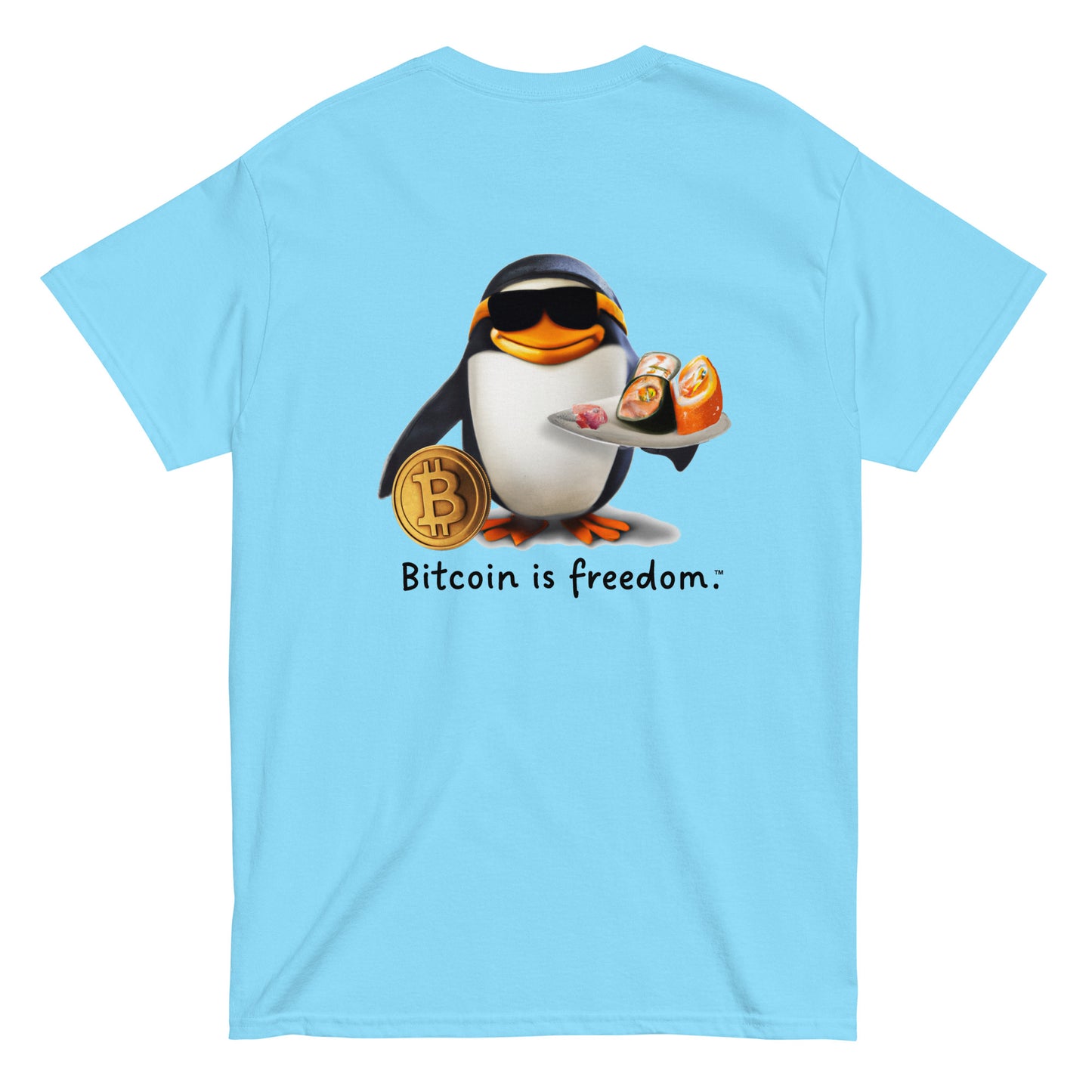 Men's sky blue color Bitcoin t-shirt with a Happy Penguin graphic and the ‘Bitcoin is freedom’ slogan printed on the back side of the shirt.
