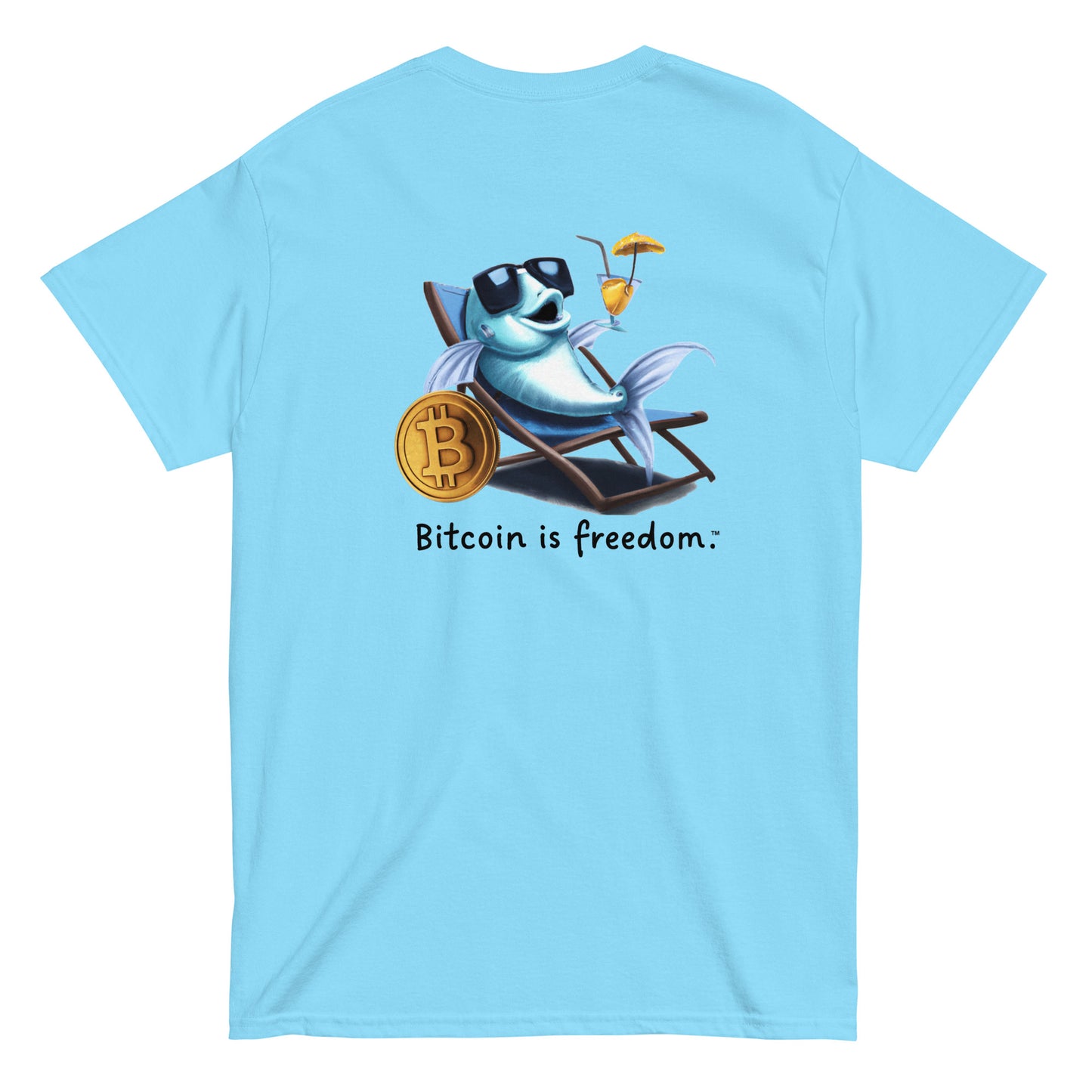 Men's sky blue color Bitcoin t-shirt with a Happy Fish graphic and the ‘Bitcoin is freedom’ slogan printed on the back side of the shirt.