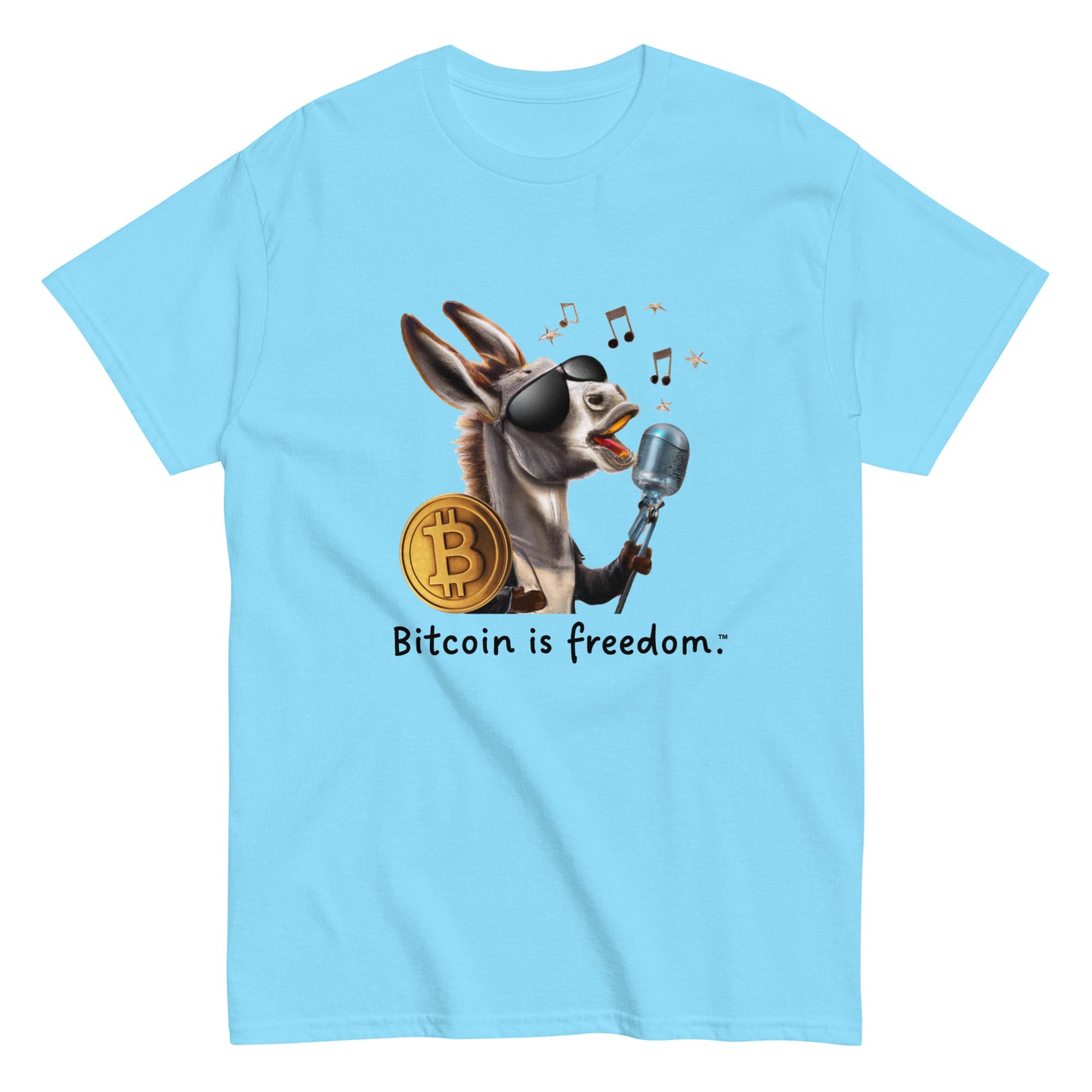 Men's sky blue color Bitcoin t-shirt with a Happy Donkey graphic and the ‘Bitcoin is freedom’ slogan printed on the front side of the shirt.