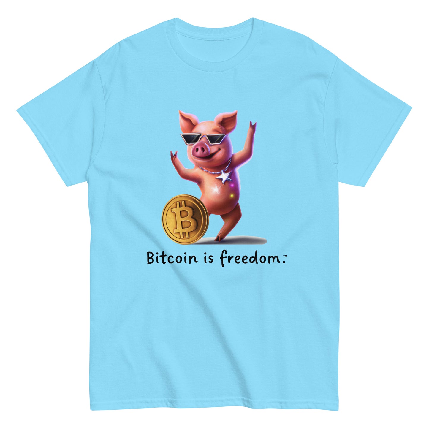 Men's sky blue color Bitcoin t-shirt with a Happy Pig graphic and the ‘Bitcoin is freedom’ slogan printed on the front side of the shirt.