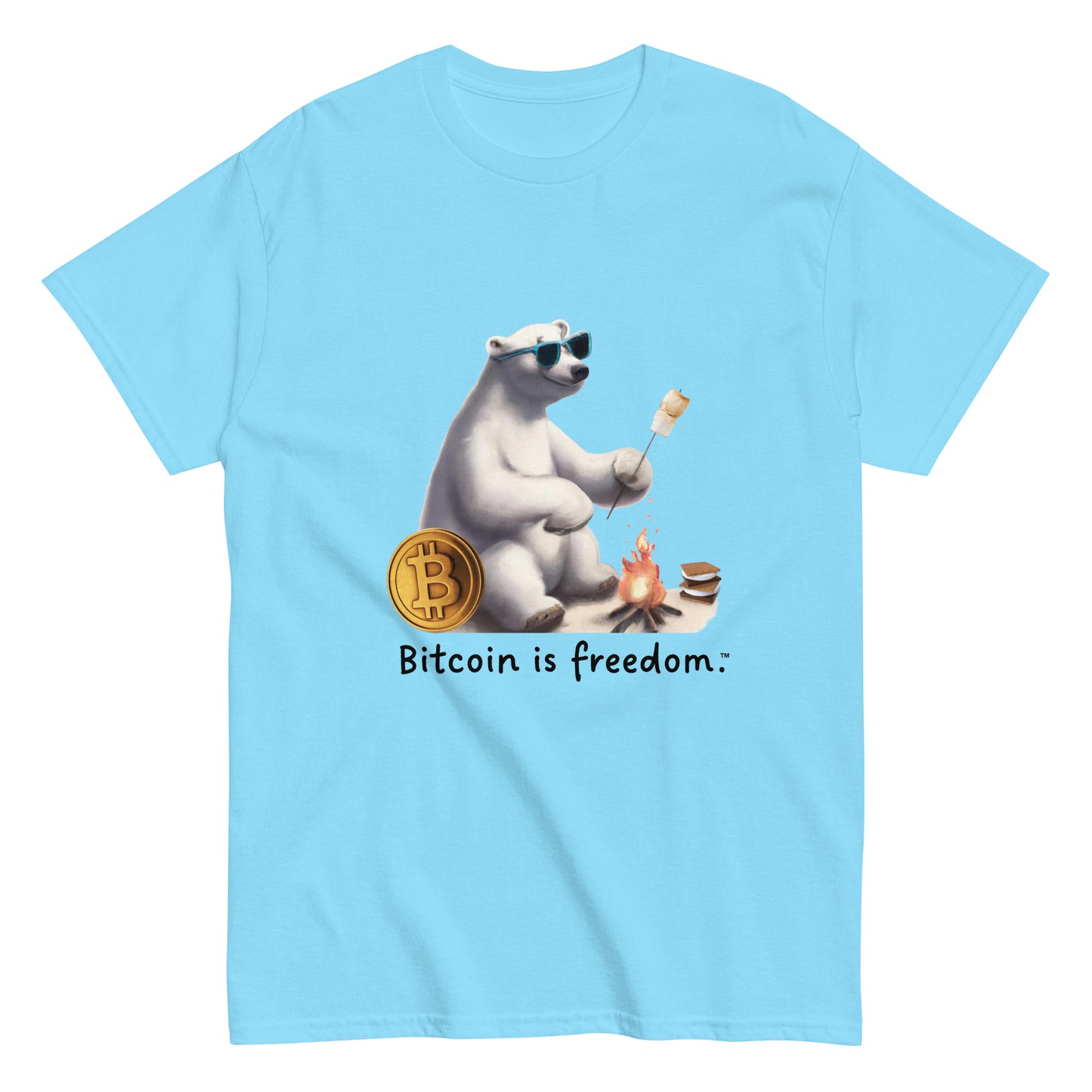 Men's sky blue color Bitcoin t-shirt with a Happy Polar Bear graphic and the ‘Bitcoin is freedom’ slogan printed on the front side of the shirt.