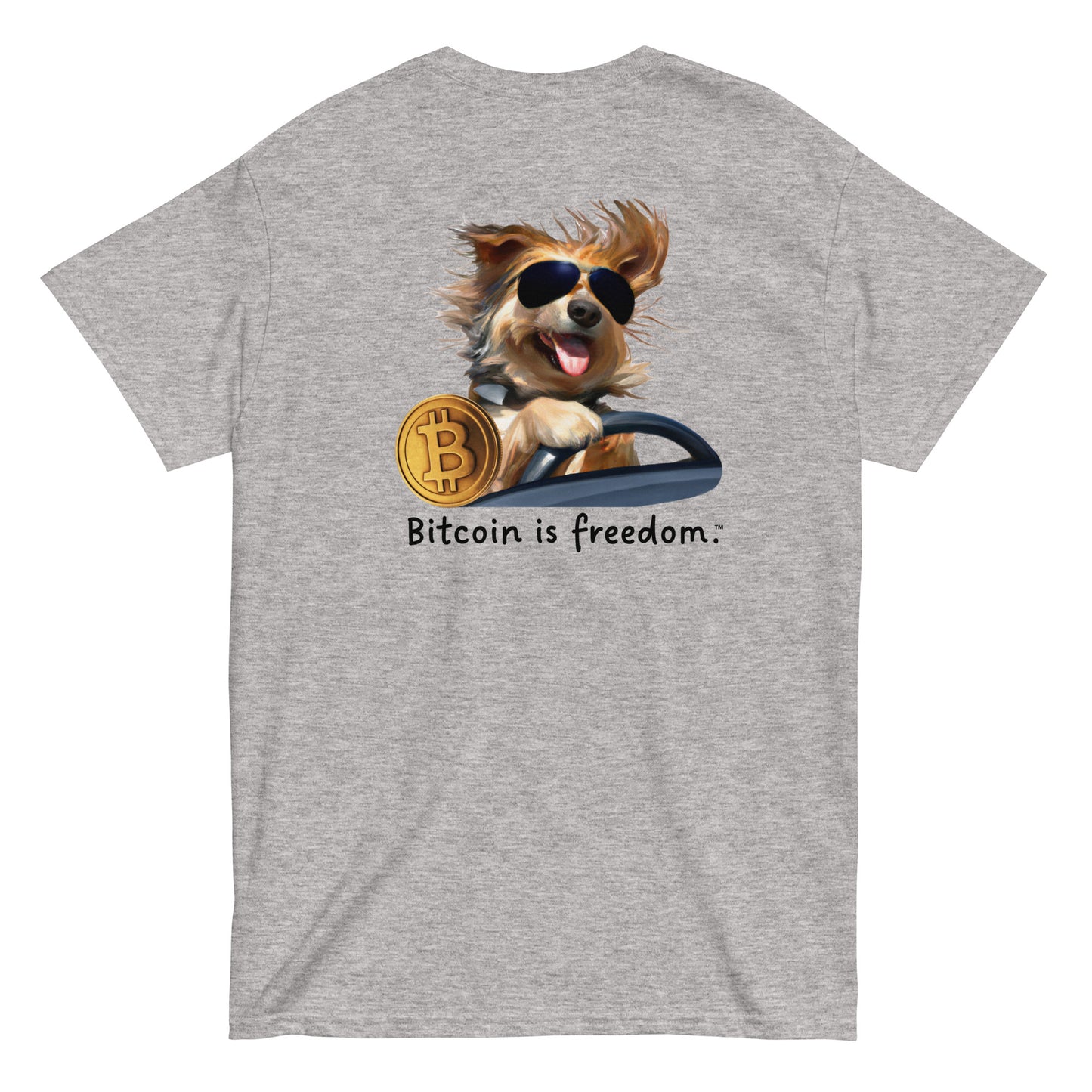 Men's sport grey color Bitcoin t-shirt with a Happy Dog Driving graphic and the ‘Bitcoin is freedom’ slogan printed on the back side of the shirt.