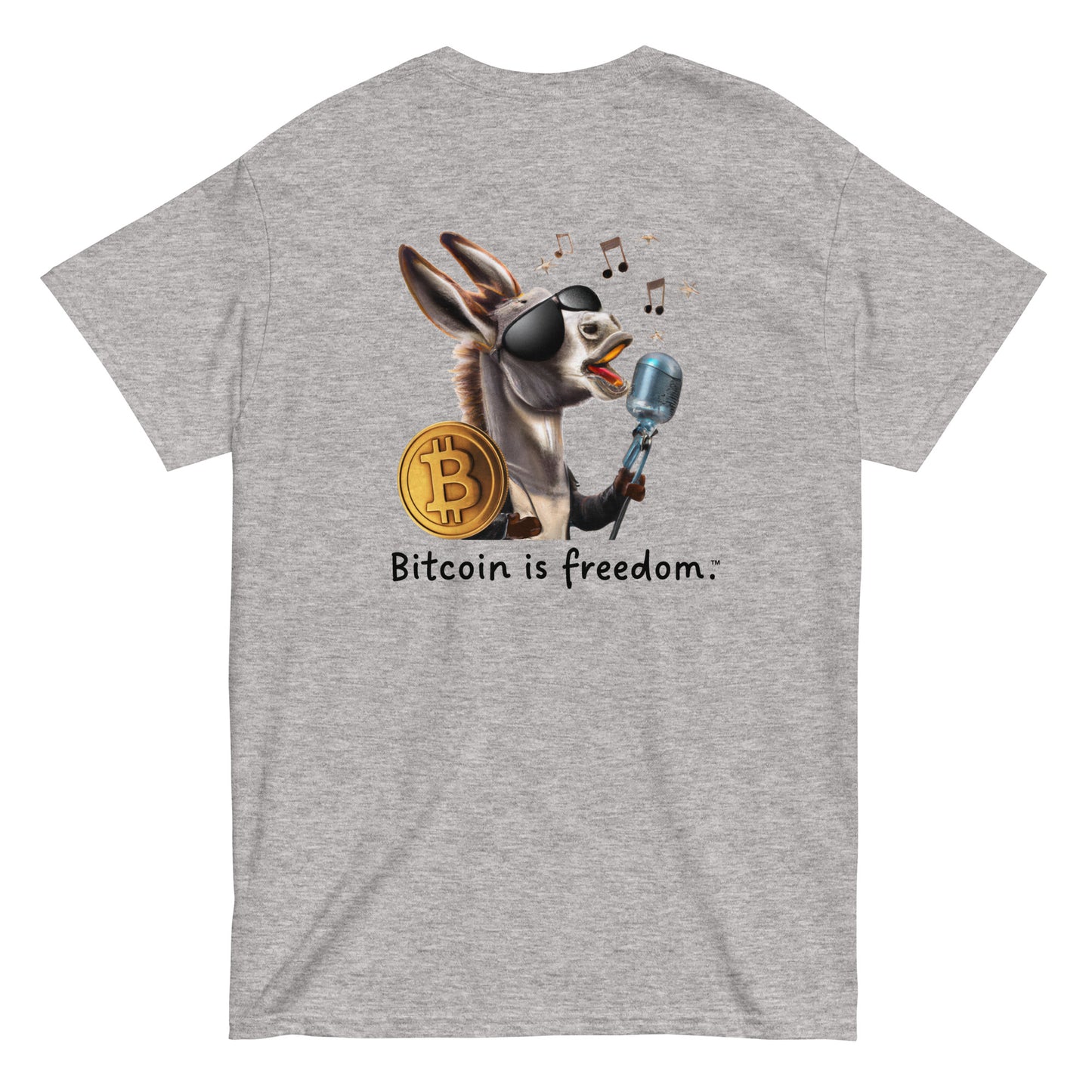 Men's sport grey color Bitcoin t-shirt with a Happy Donkey graphic and the ‘Bitcoin is freedom’ slogan printed on the back side of the shirt.