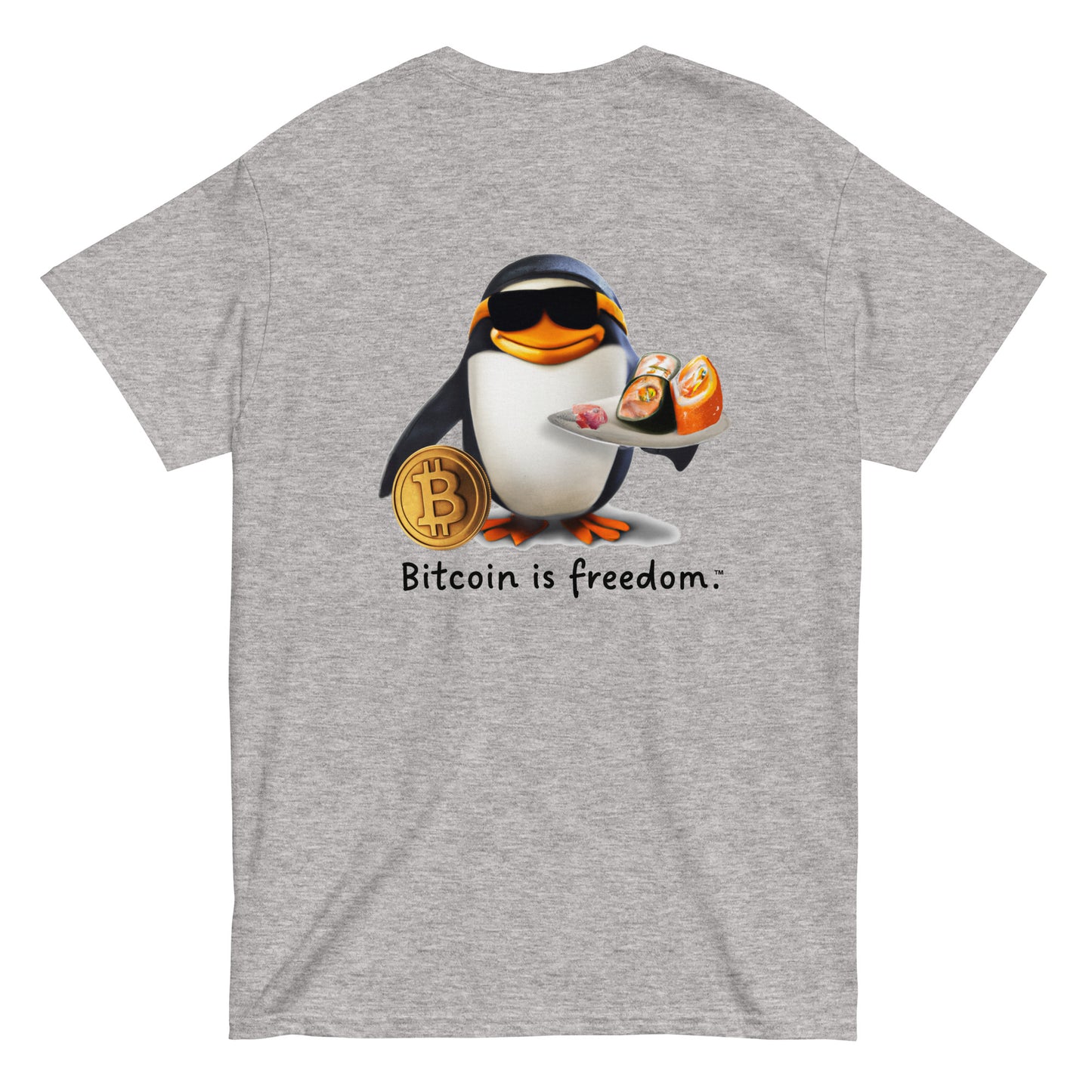 Men's sport grey color Bitcoin t-shirt with a Happy Penguin graphic and the ‘Bitcoin is freedom’ slogan printed on the back side of the shirt.
