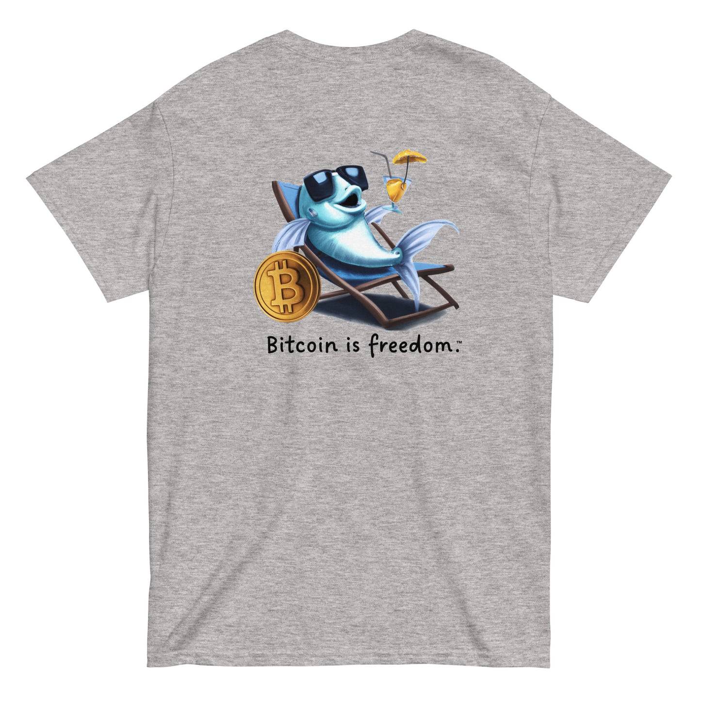 Men's sport grey color Bitcoin t-shirt with a Happy Fish graphic and the ‘Bitcoin is freedom’ slogan printed on the back side of the shirt.