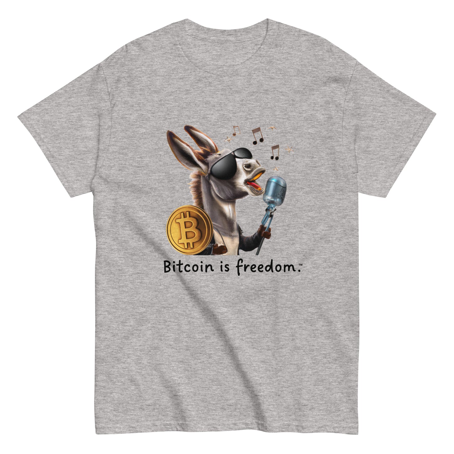 Men's sport grey color Bitcoin t-shirt with a Happy Donkey graphic and the ‘Bitcoin is freedom’ slogan printed on the front side of the shirt.
