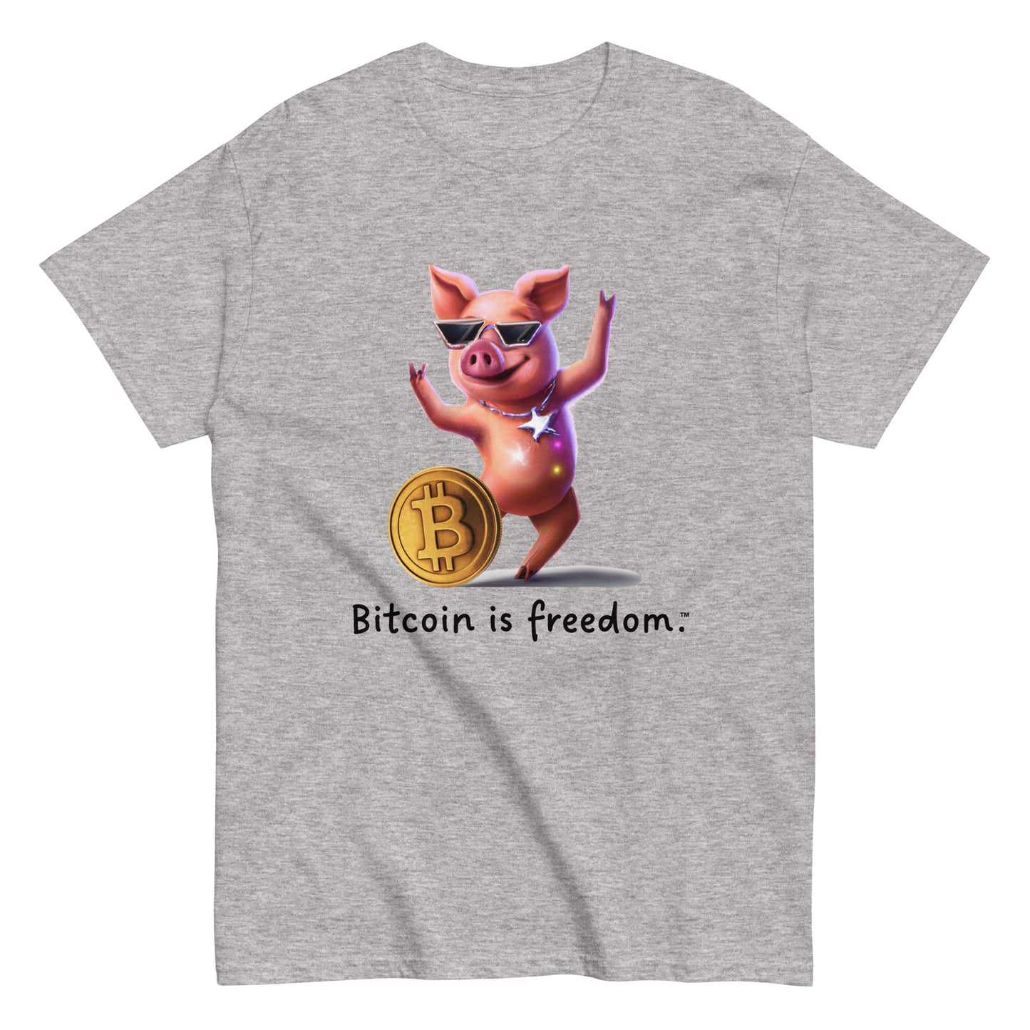 Men's sport grey color Bitcoin t-shirt with a Happy Pig graphic and the ‘Bitcoin is freedom’ slogan printed on the front side of the shirt.