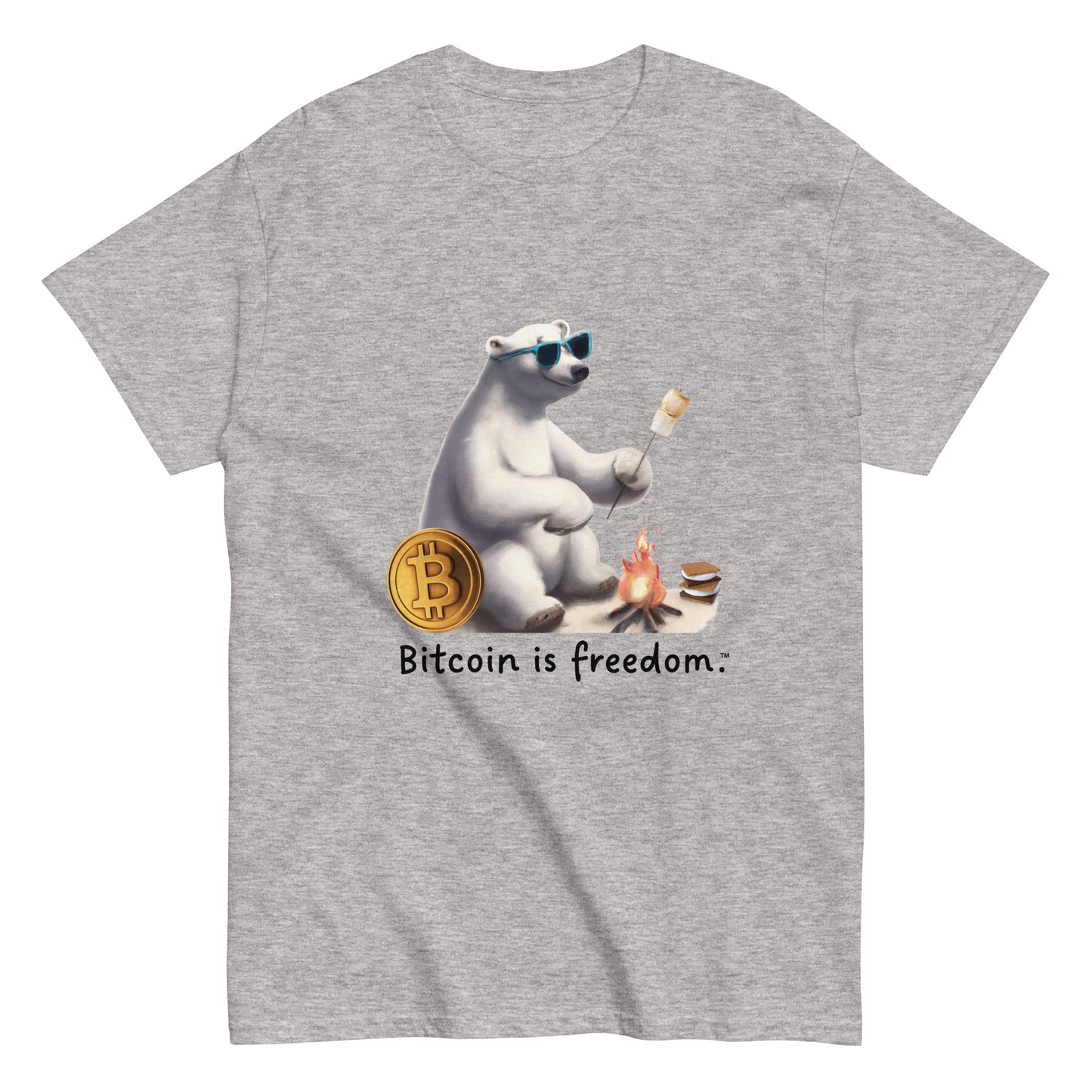 Men's sport grey color Bitcoin t-shirt with a Happy Polar Bear graphic and the ‘Bitcoin is freedom’ slogan printed on the front side of the shirt.