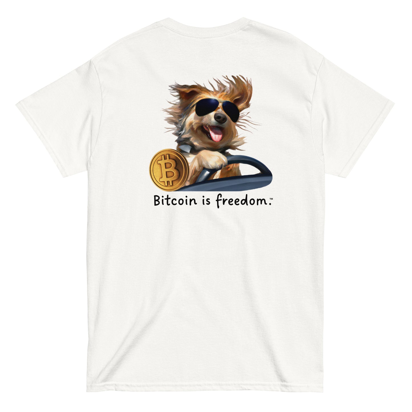 Men's white color Bitcoin t-shirt with a Happy Dog Driving graphic and the ‘Bitcoin is freedom’ slogan printed on the back side of the shirt.