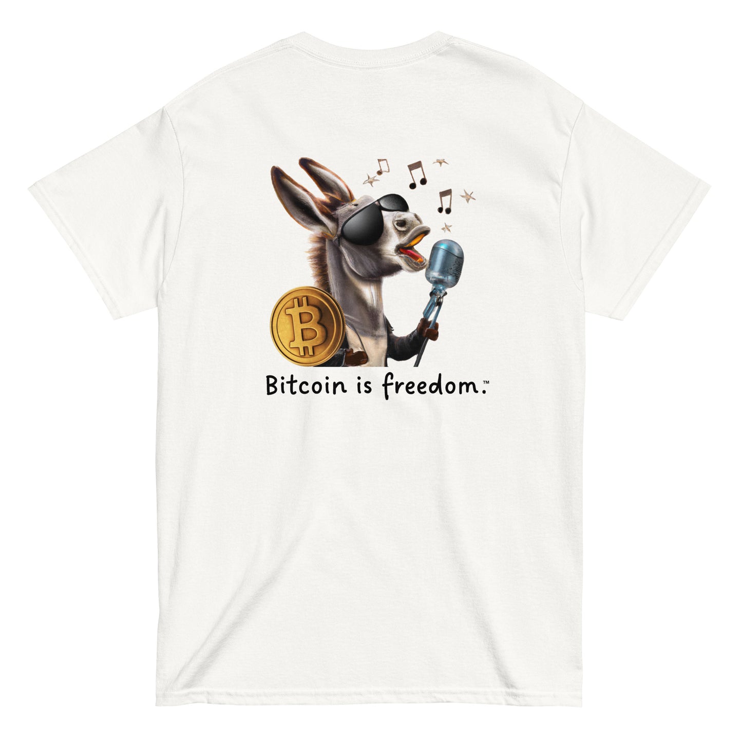 Men's white color Bitcoin t-shirt with a Happy Donkey graphic and the ‘Bitcoin is freedom’ slogan printed on the back side of the shirt.