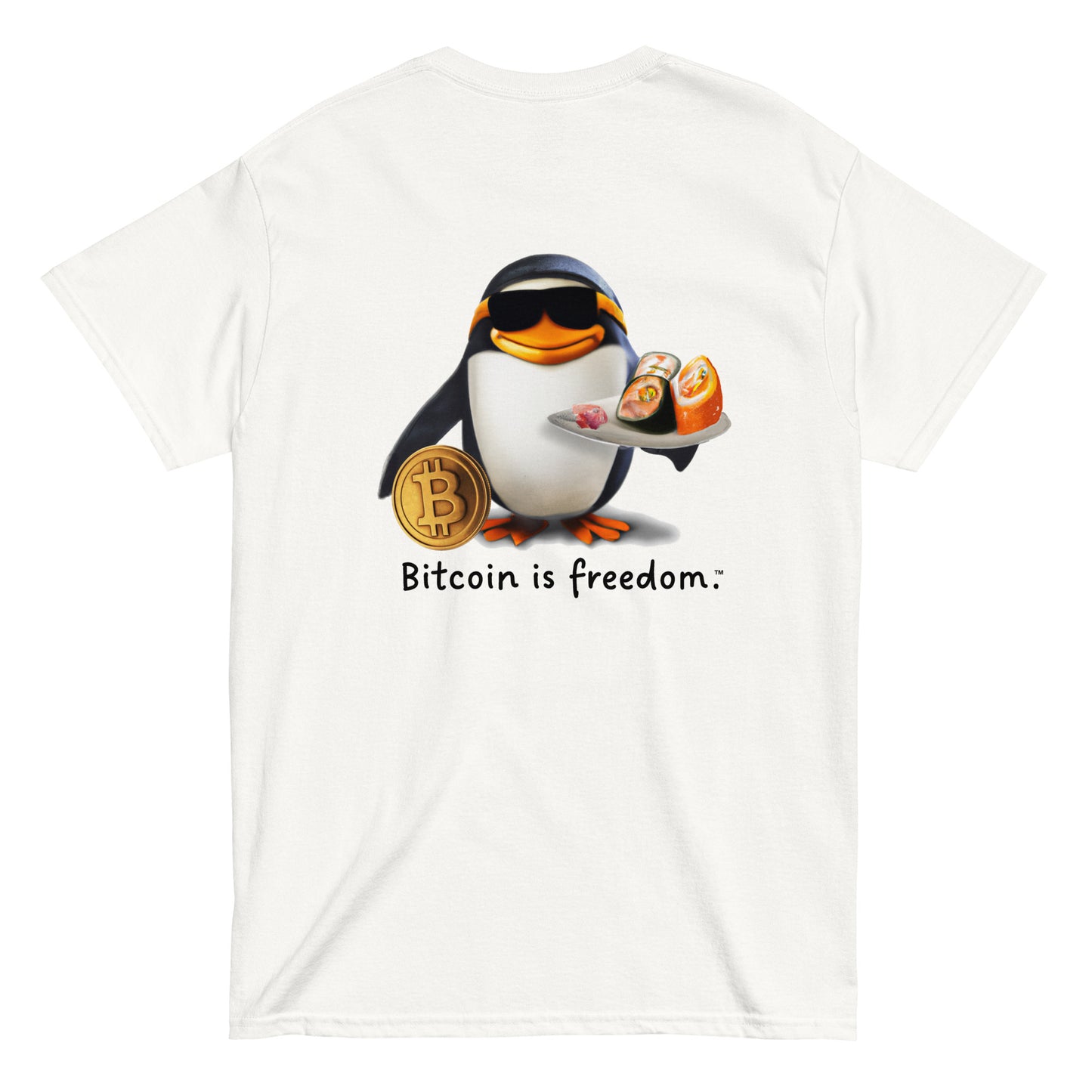 Men's white color Bitcoin t-shirt with a Happy Penguin graphic and the ‘Bitcoin is freedom’ slogan printed on the back side of the shirt.