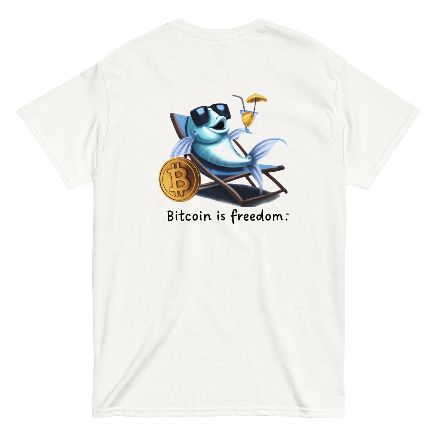 Men's white color Bitcoin t-shirt with a Happy Fish graphic and the ‘Bitcoin is freedom’ slogan printed on the back side of the shirt.