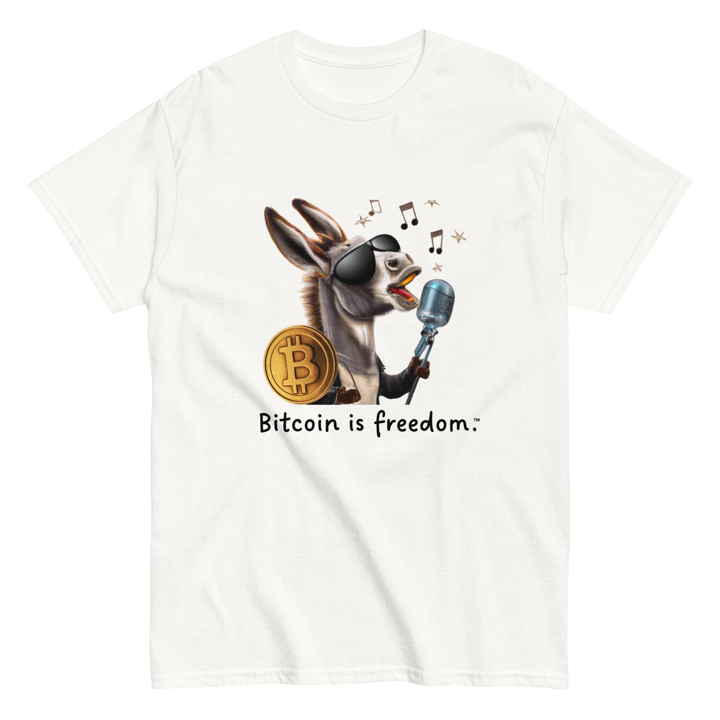 Men's white color Bitcoin t-shirt with a Happy Donkey graphic and the ‘Bitcoin is freedom’ slogan printed on the front side of the shirt.