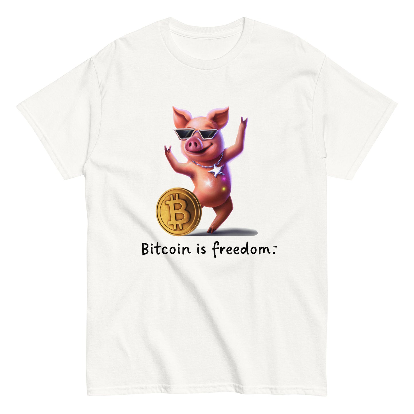 Men's white color Bitcoin t-shirt with a Happy Pig graphic and the ‘Bitcoin is freedom’ slogan printed on the front side of the shirt.