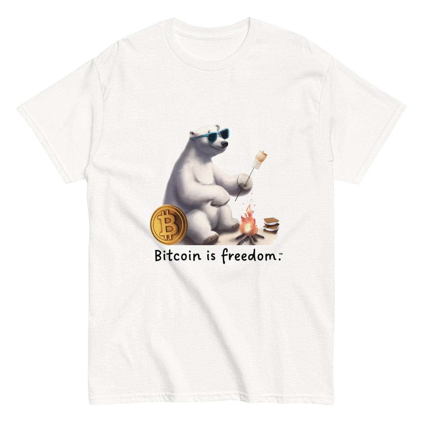 Men's white color Bitcoin t-shirt with a Happy Polar Bear graphic and the ‘Bitcoin is freedom’ slogan printed on the front side of the shirt.