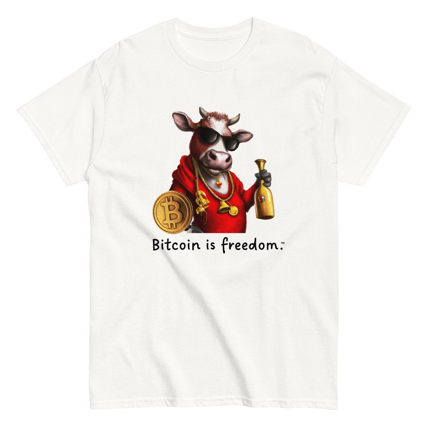 Men's white color Bitcoin t-shirt with a Happy Bull graphic and the ‘Bitcoin is freedom’ slogan printed on the front side of the shirt.