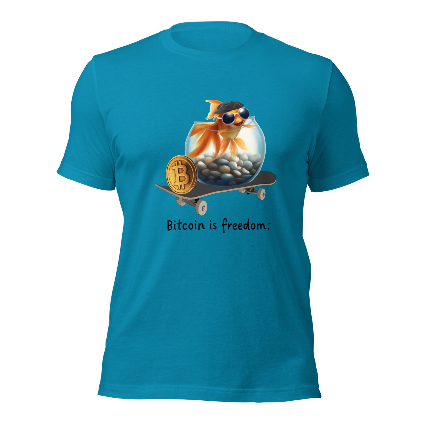 Women’s aqua blue color Bitcoin t-shirt with a Happy Goldfish graphic and the ‘Bitcoin is freedom’ slogan printed on the front side of the shirt.